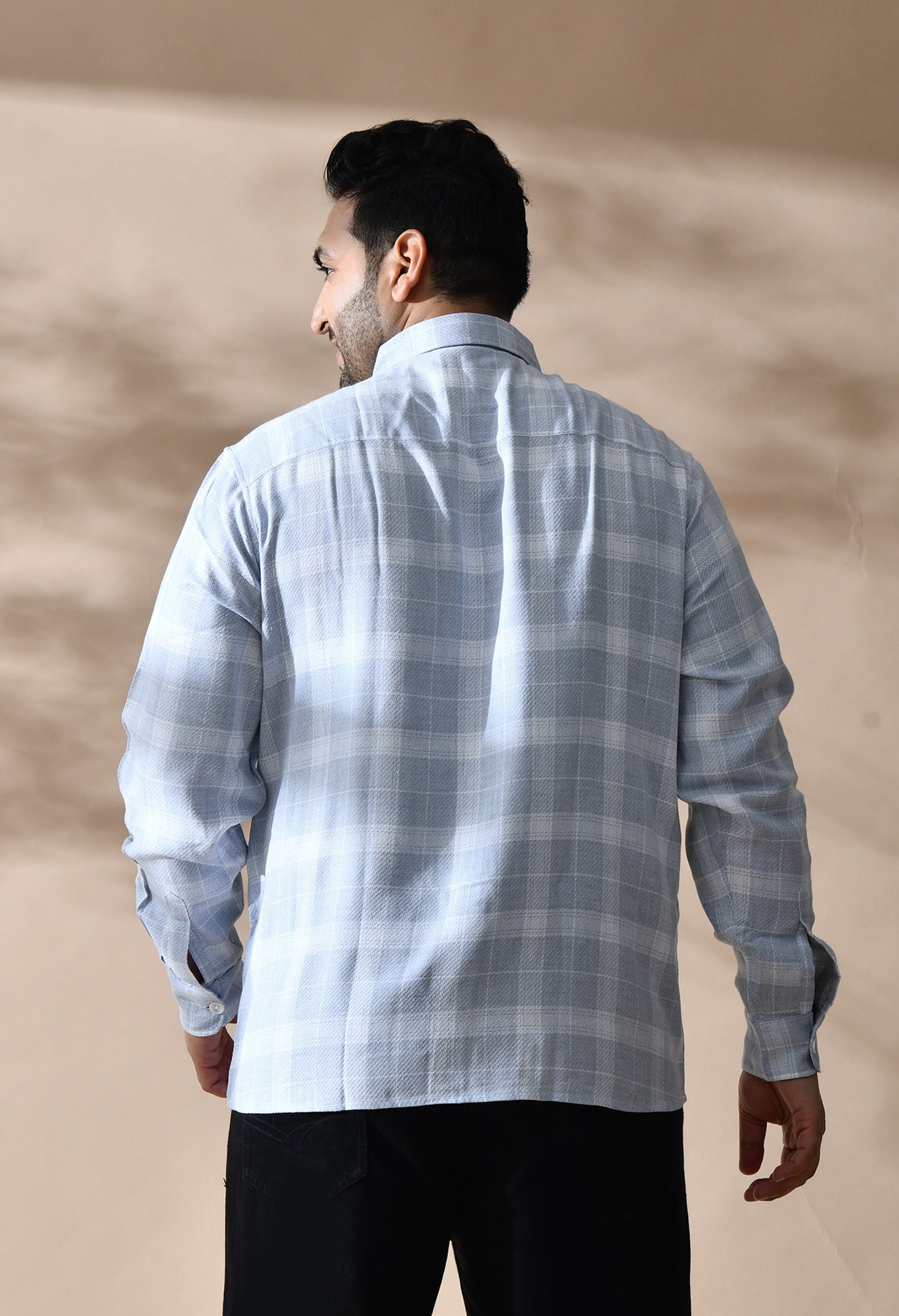 Men Cotton Light Grey and White Pestal Shade Checkered Classic Fit Pocket Smart Casual Shirt