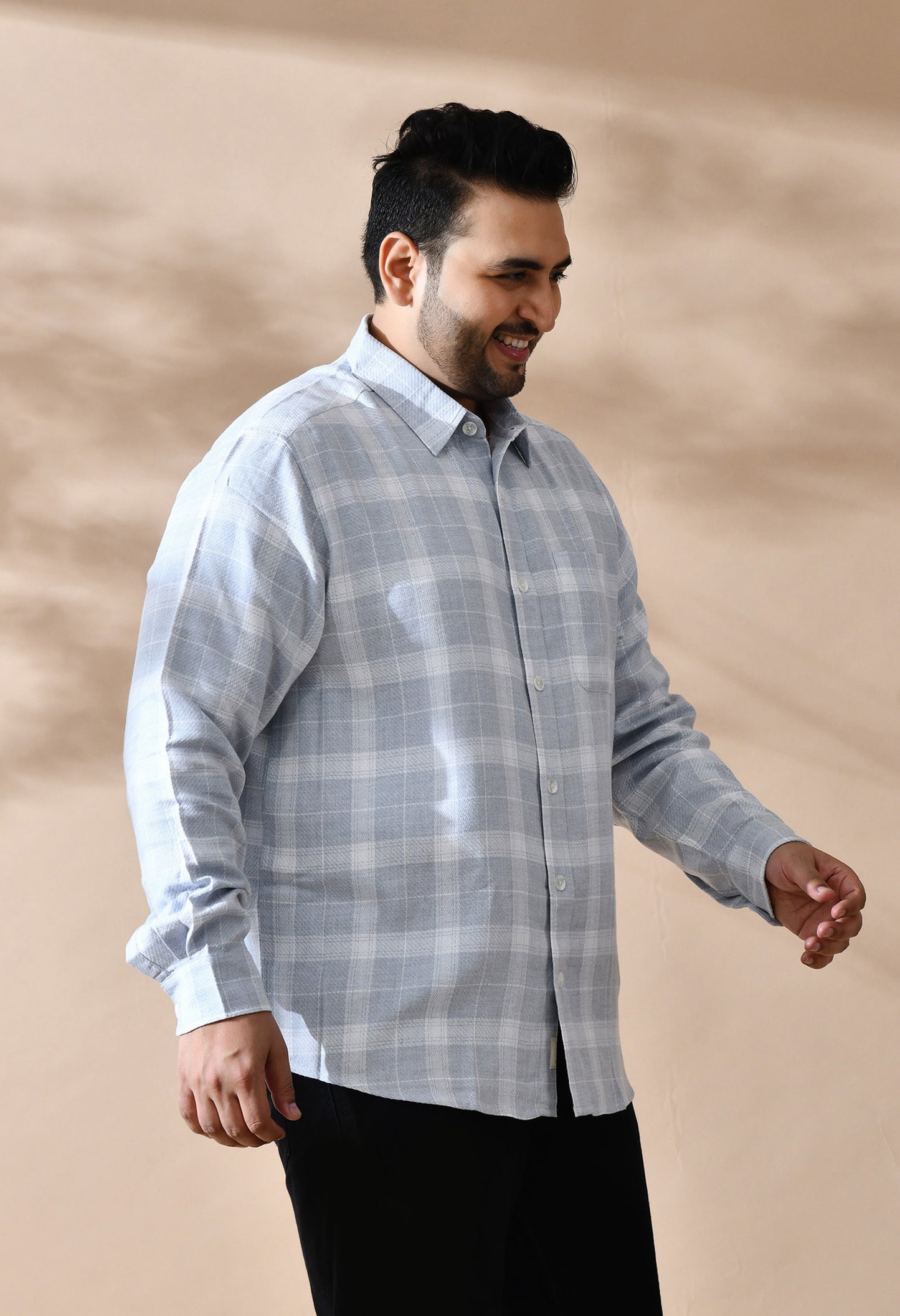 Men Cotton Light Grey and White Pestal Shade Checkered Classic Fit Pocket Smart Casual Shirt