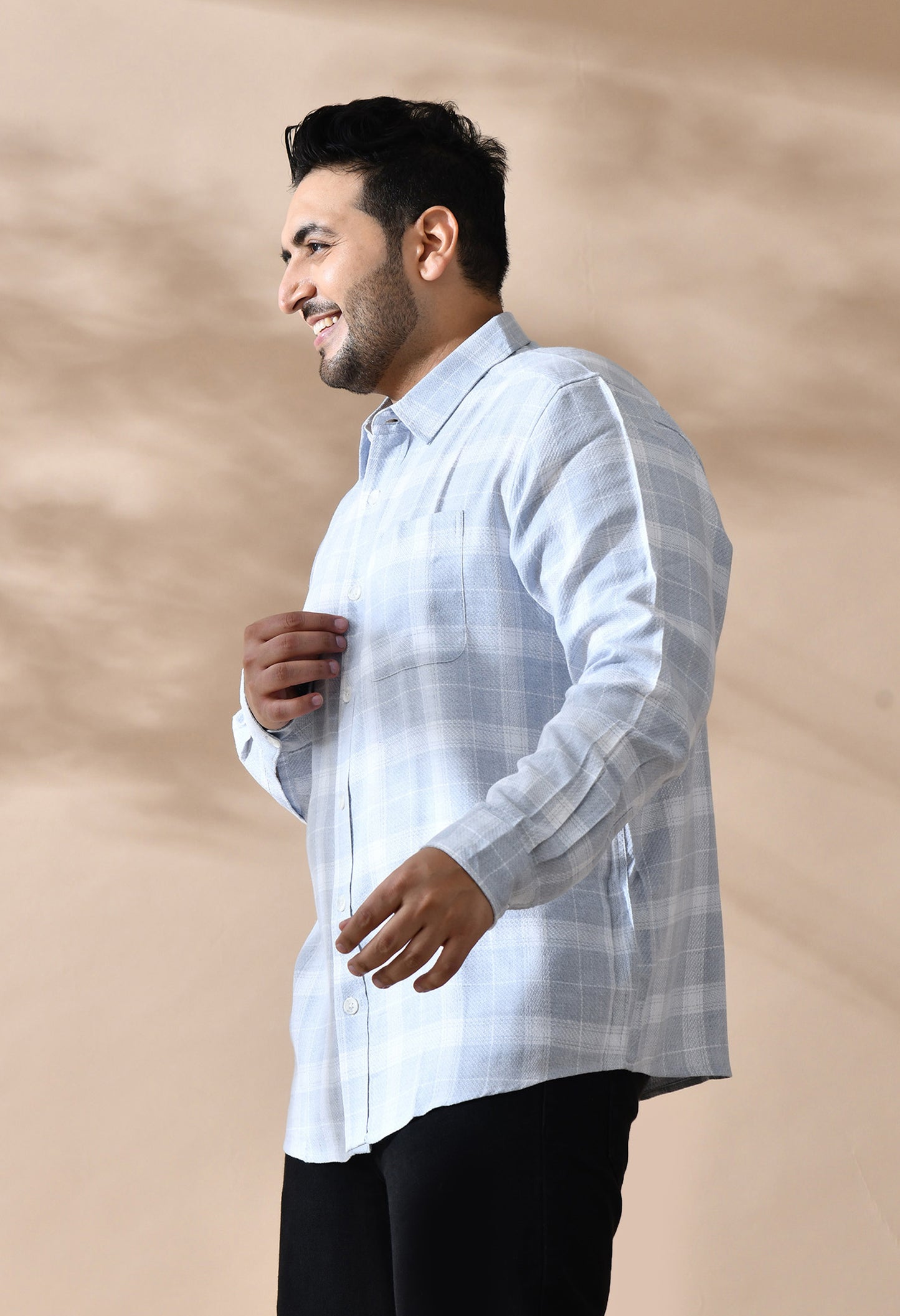 Men Cotton Light Grey and White Pestal Shade Checkered Classic Fit Pocket Smart Casual Shirt
