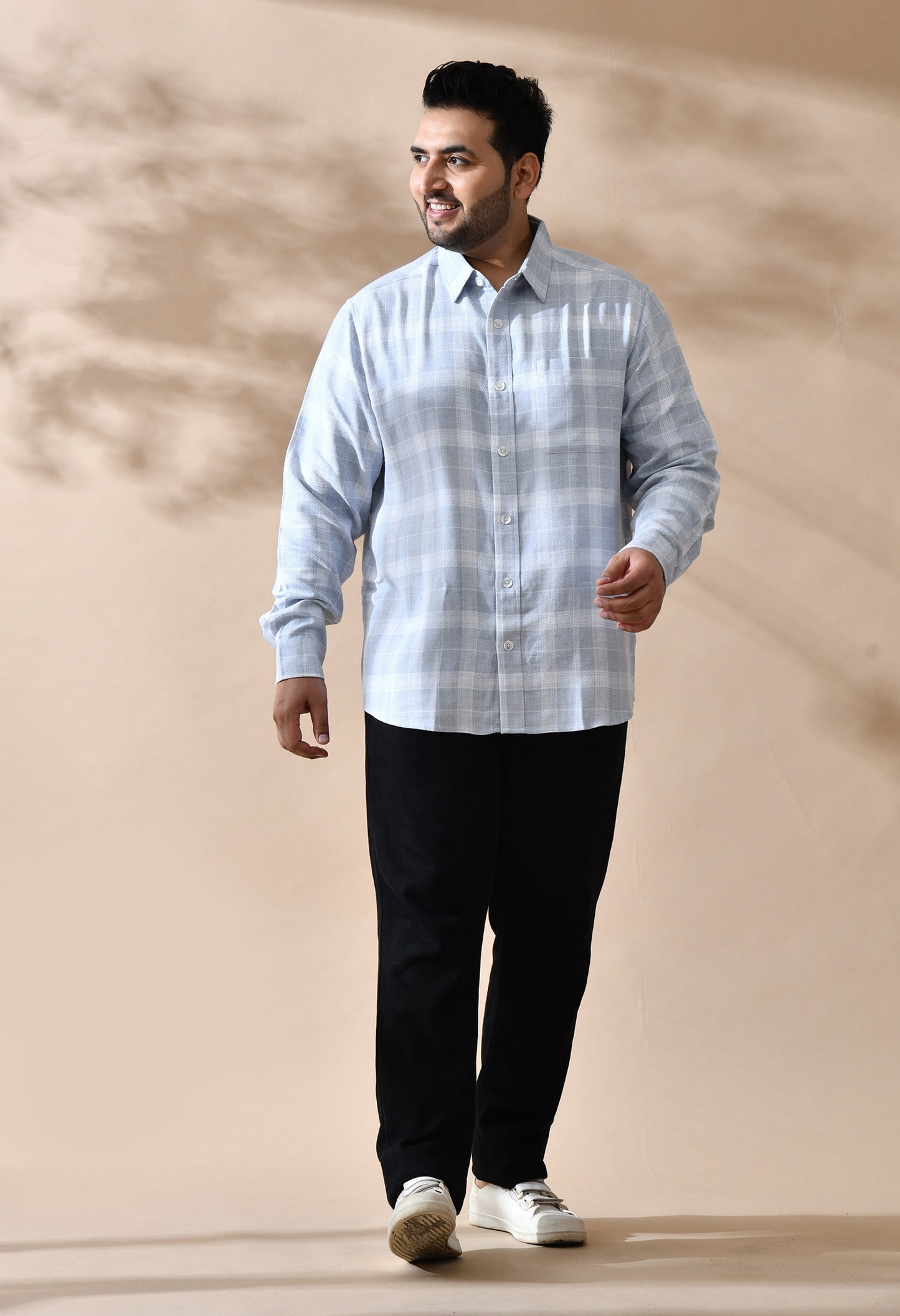 Men Cotton Light Grey and White Pestal Shade Checkered Classic Fit Pocket Smart Casual Shirt
