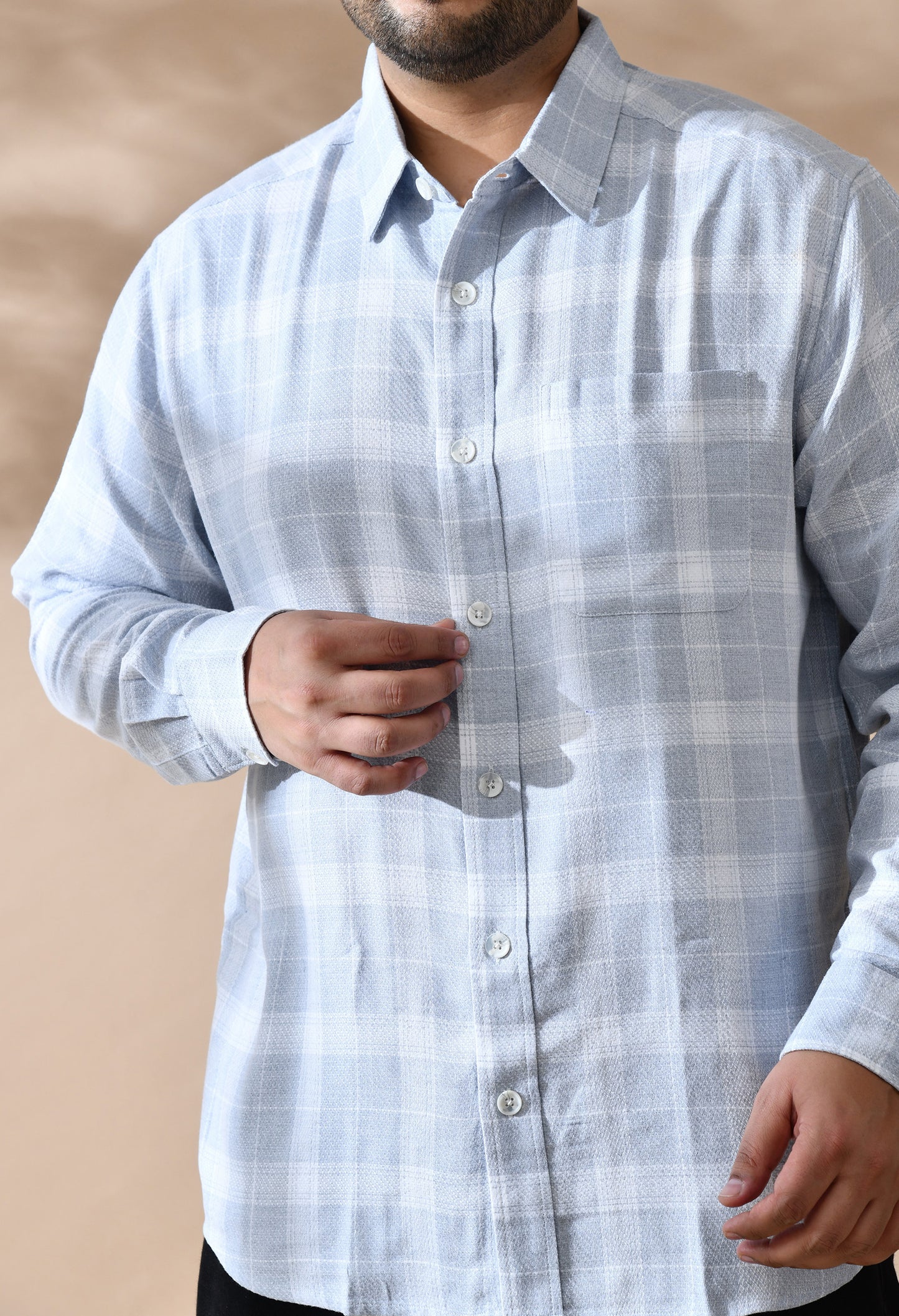 Men Cotton Light Grey and White Pestal Shade Checkered Classic Fit Pocket Smart Casual Shirt