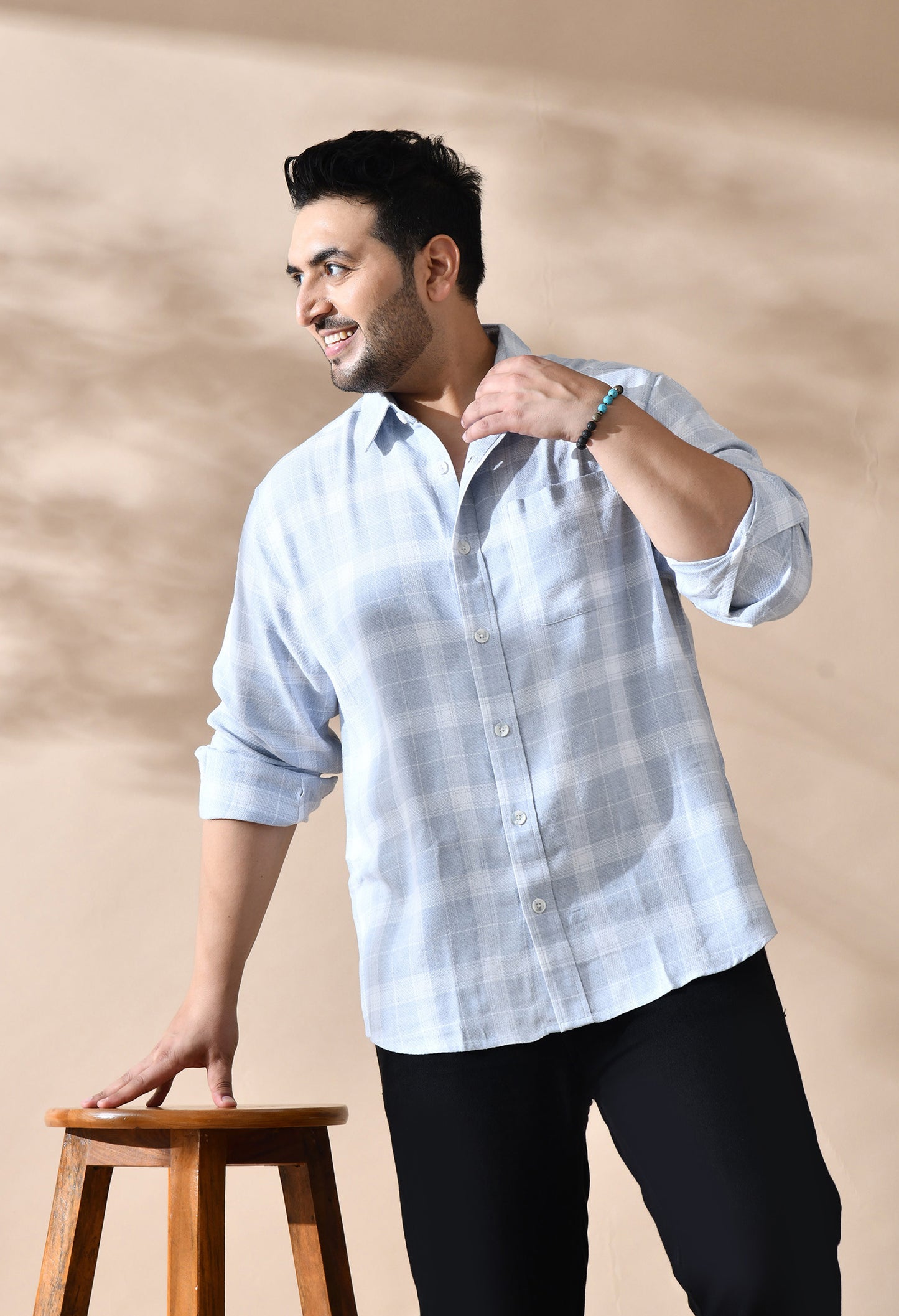 Men Cotton Light Grey and White Pestal Shade Checkered Classic Fit Pocket Smart Casual Shirt