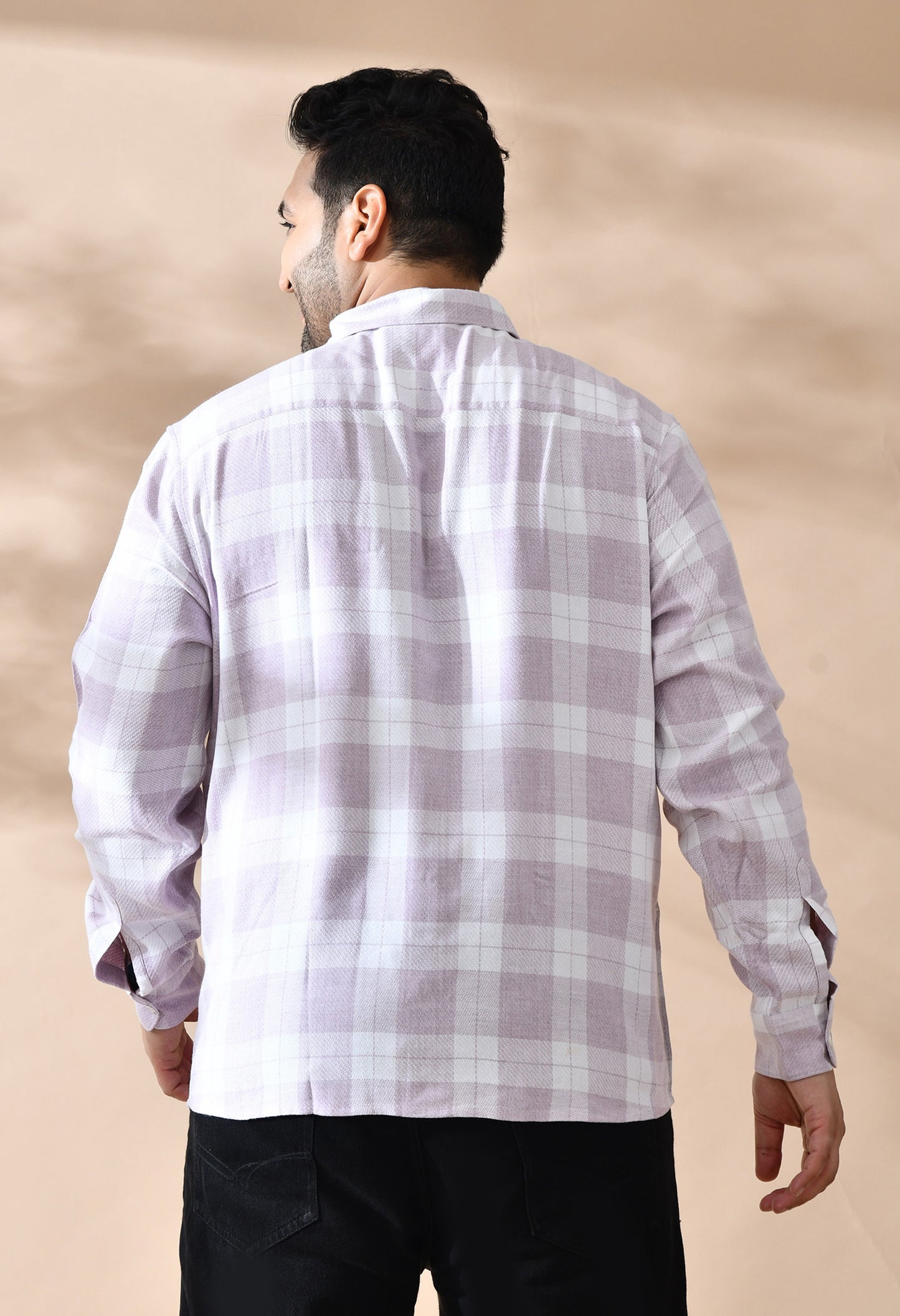 Men Cotton Light Peach and White Pestal Shade Checkered Classic Fit Pocket Smart Casual Shirt