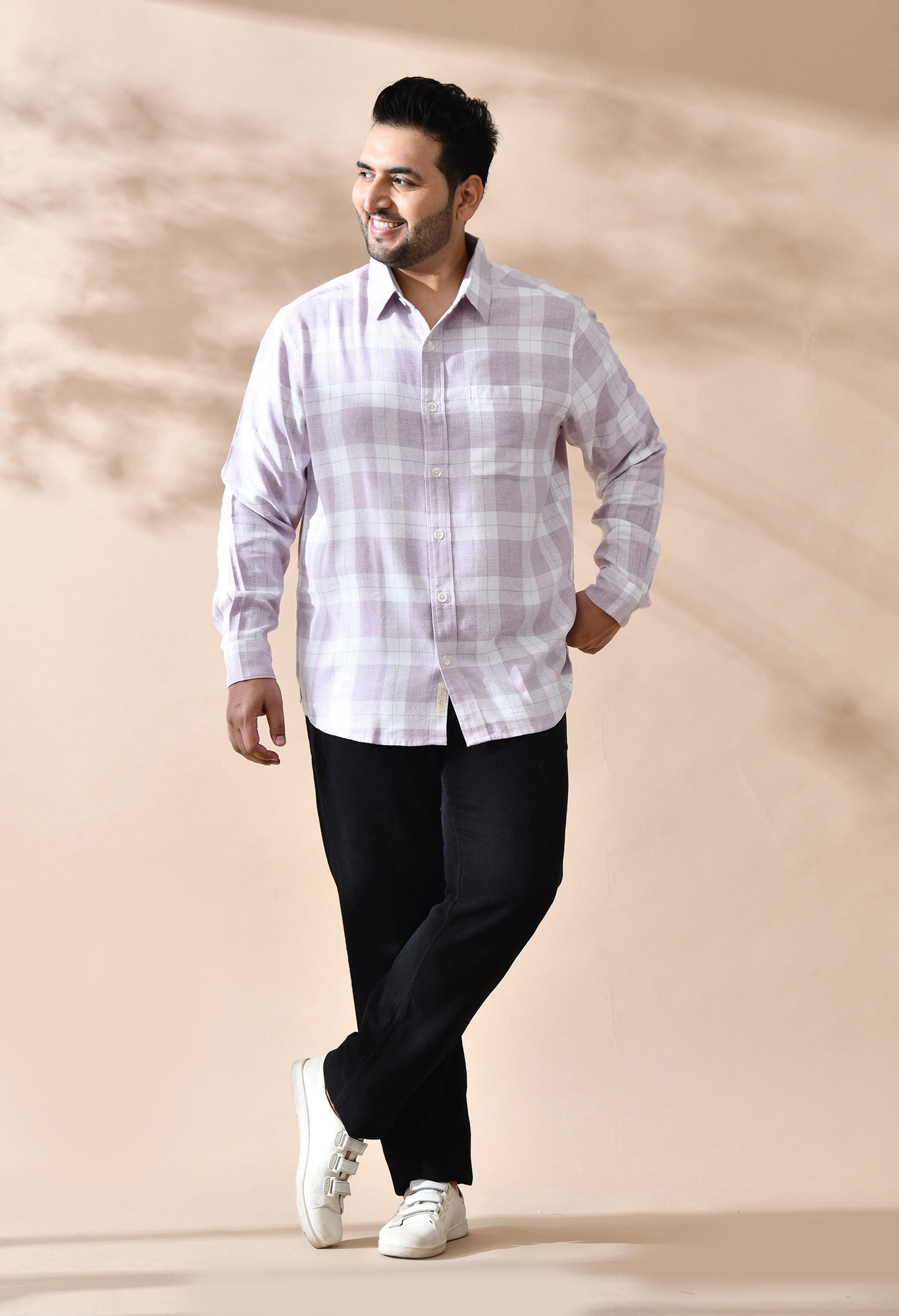 Men Cotton Light Peach and White Pestal Shade Checkered Classic Fit Pocket Smart Casual Shirt