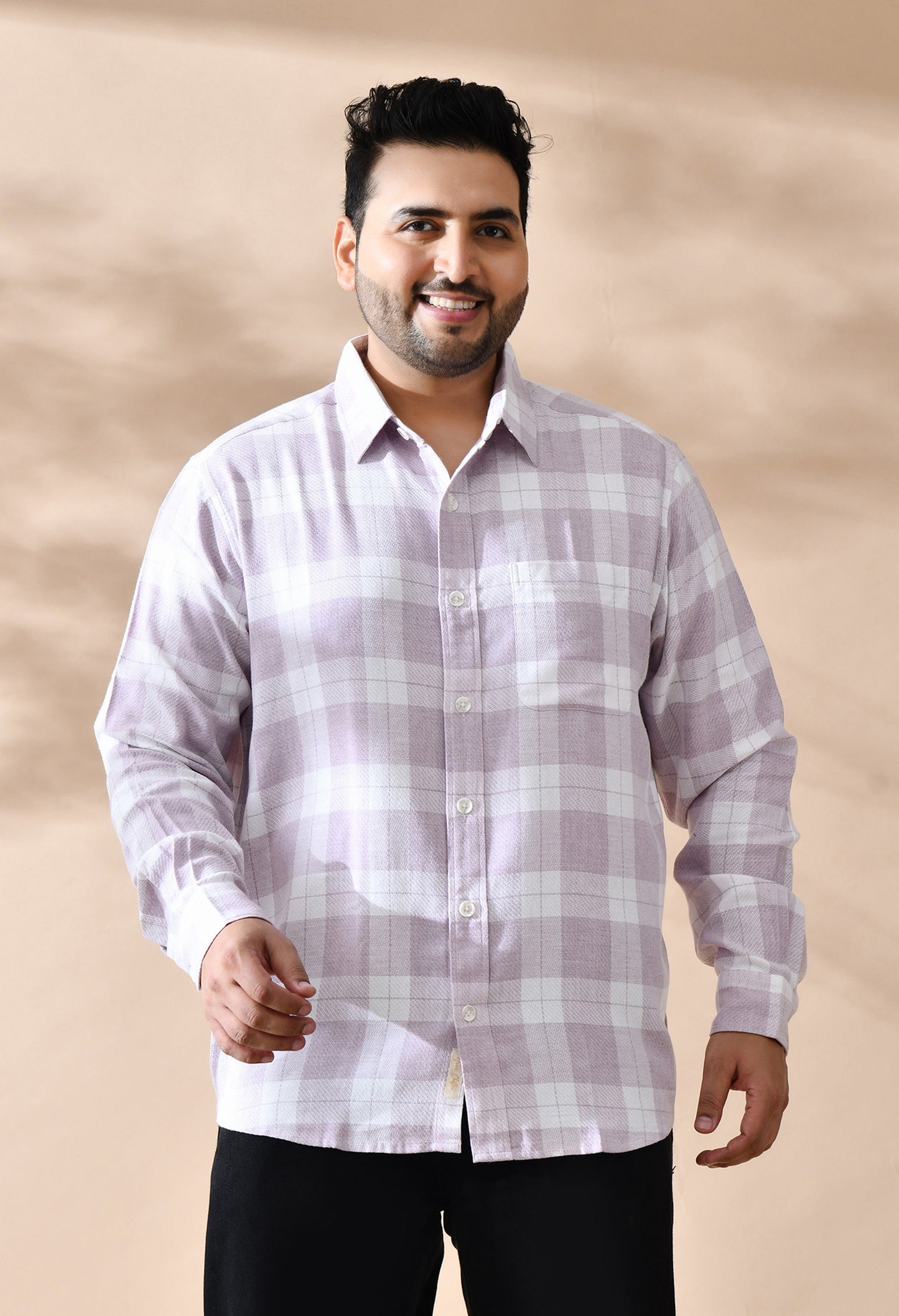 Men Cotton Light Peach and White Pestal Shade Checkered Classic Fit Pocket Smart Casual Shirt