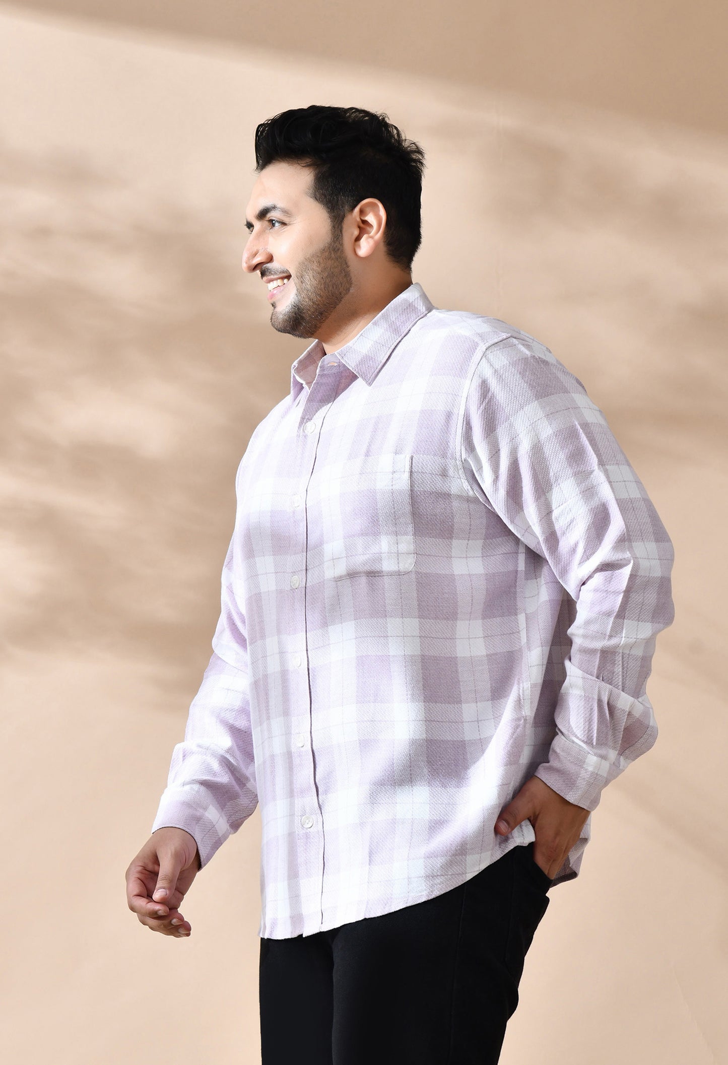 Men Cotton Light Peach and White Pestal Shade Checkered Classic Fit Pocket Smart Casual Shirt