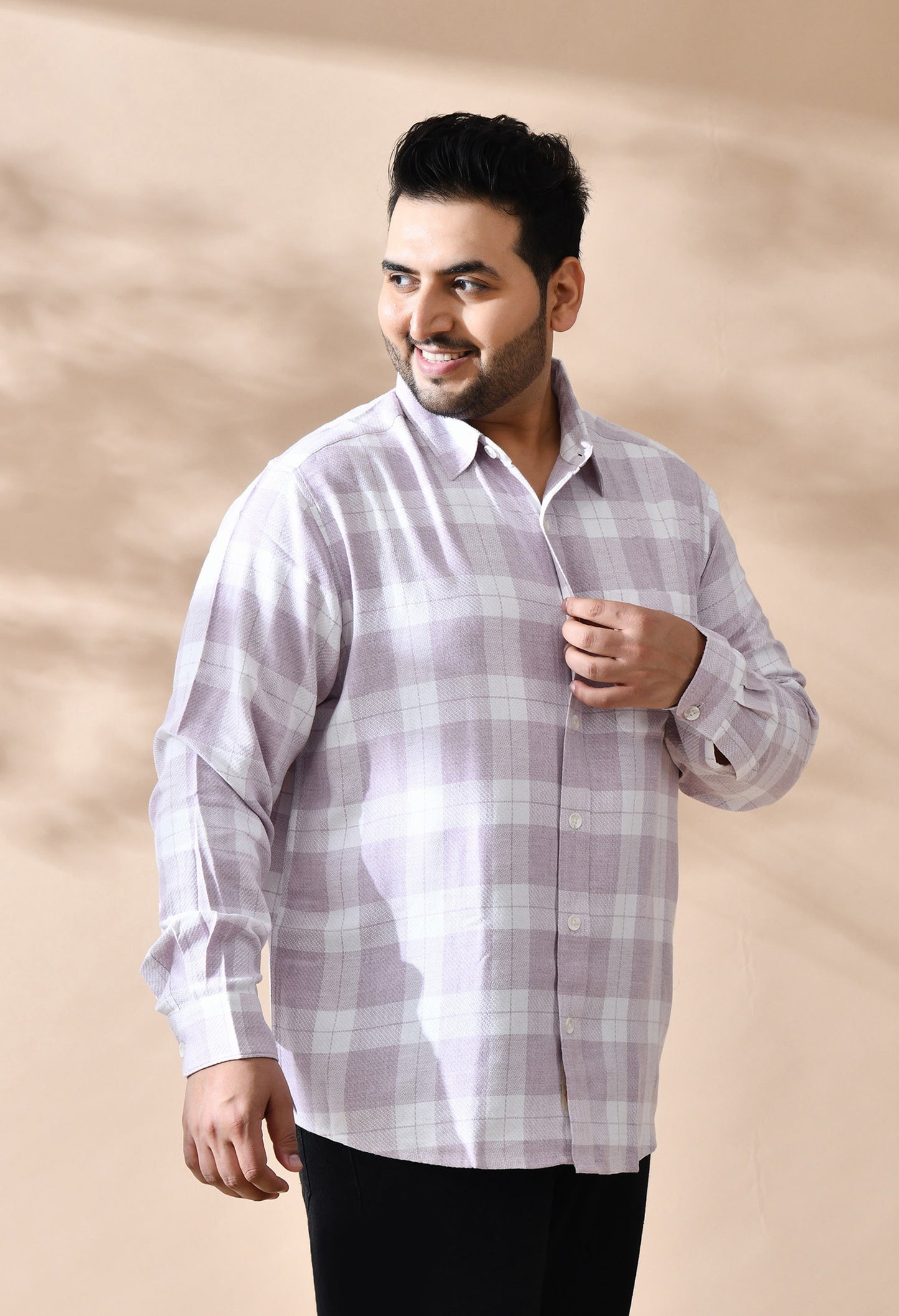 Men Cotton Light Peach and White Pestal Shade Checkered Classic Fit Pocket Smart Casual Shirt