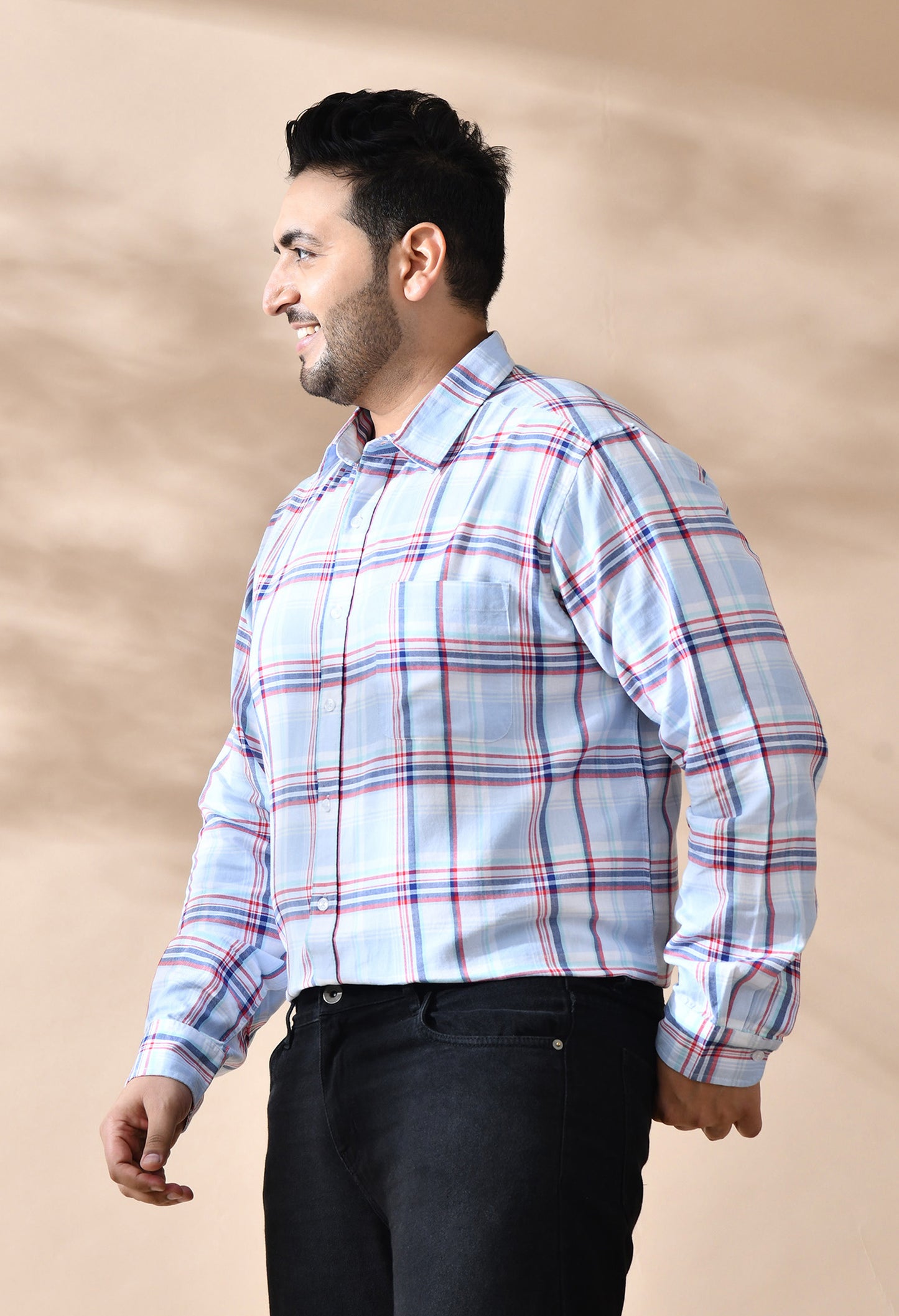 Men Sky Blue and White Checkered Classic Fit 1 Pocket Smart Casual Shirt
