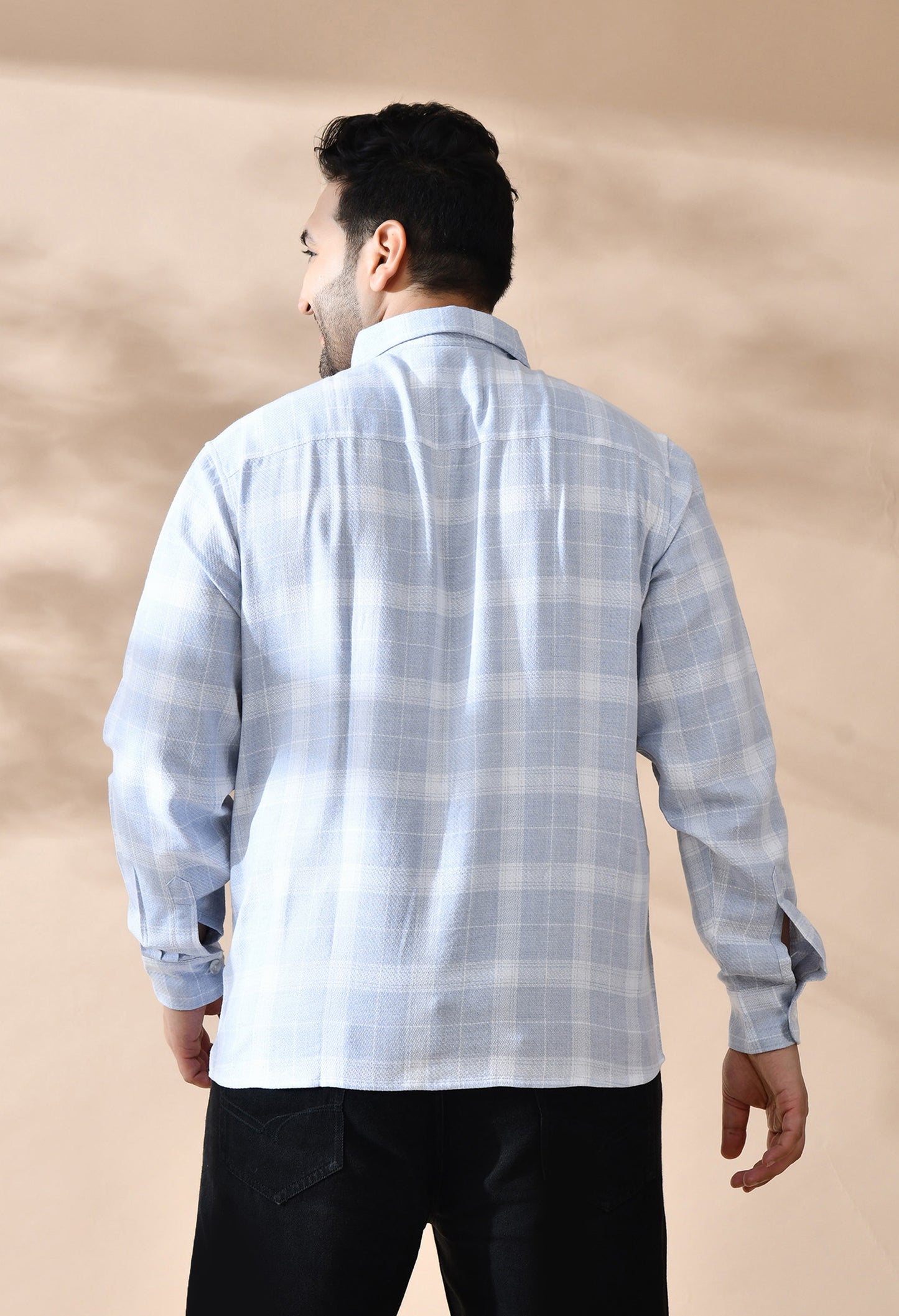 Men Cotton Light Blue and White Pestal Shade Checkered Classic Fit Pocket Smart Casual Shirt