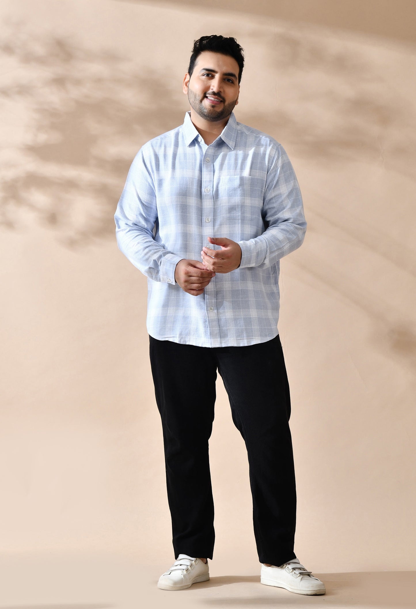 Men Cotton Light Blue and White Pestal Shade Checkered Classic Fit Pocket Smart Casual Shirt