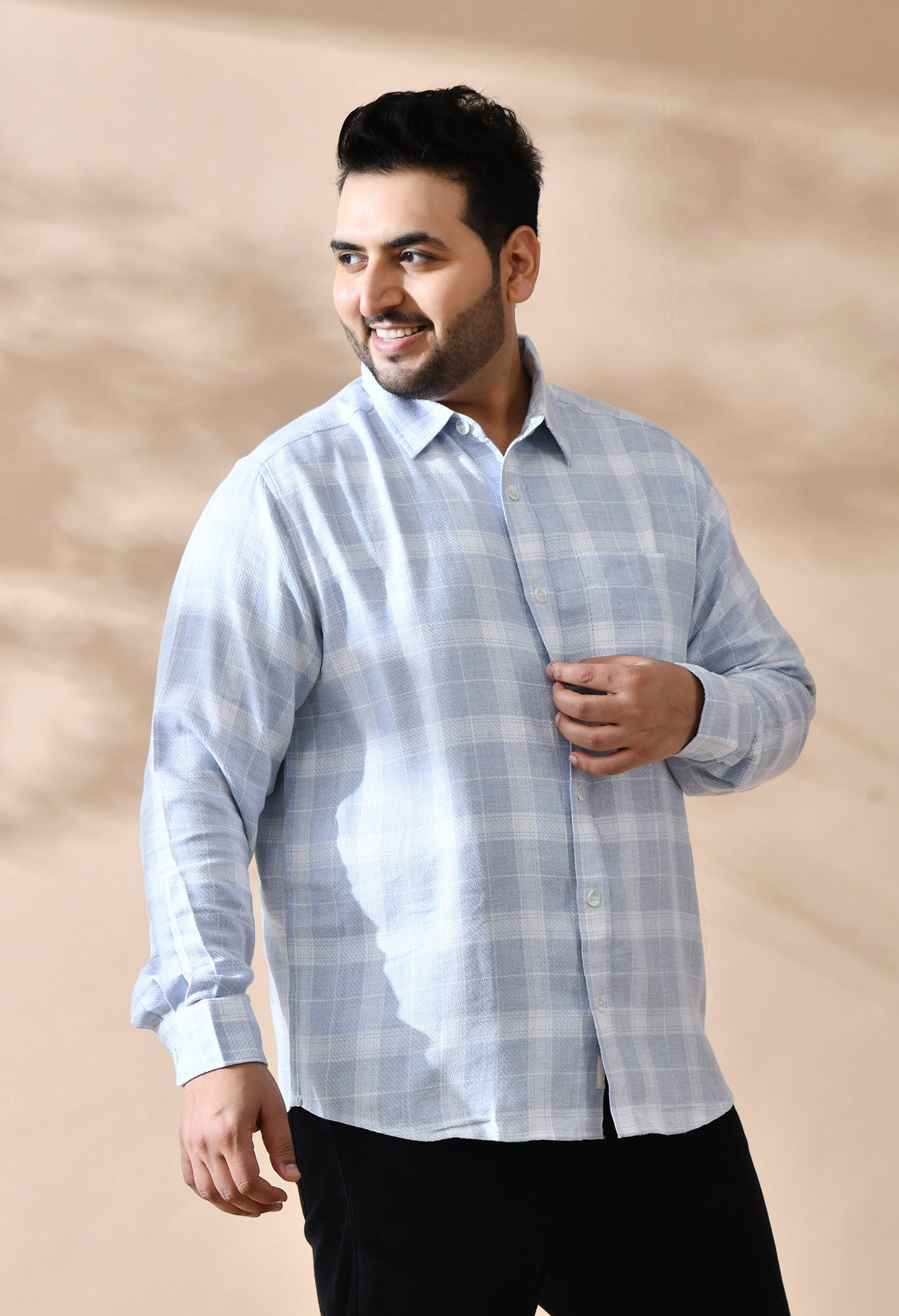 Men Cotton Light Blue and White Pestal Shade Checkered Classic Fit Pocket Smart Casual Shirt
