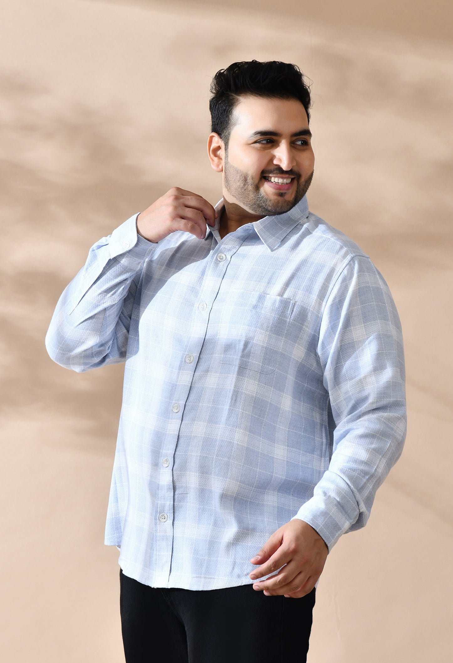 Men Cotton Light Blue and White Pestal Shade Checkered Classic Fit Pocket Smart Casual Shirt