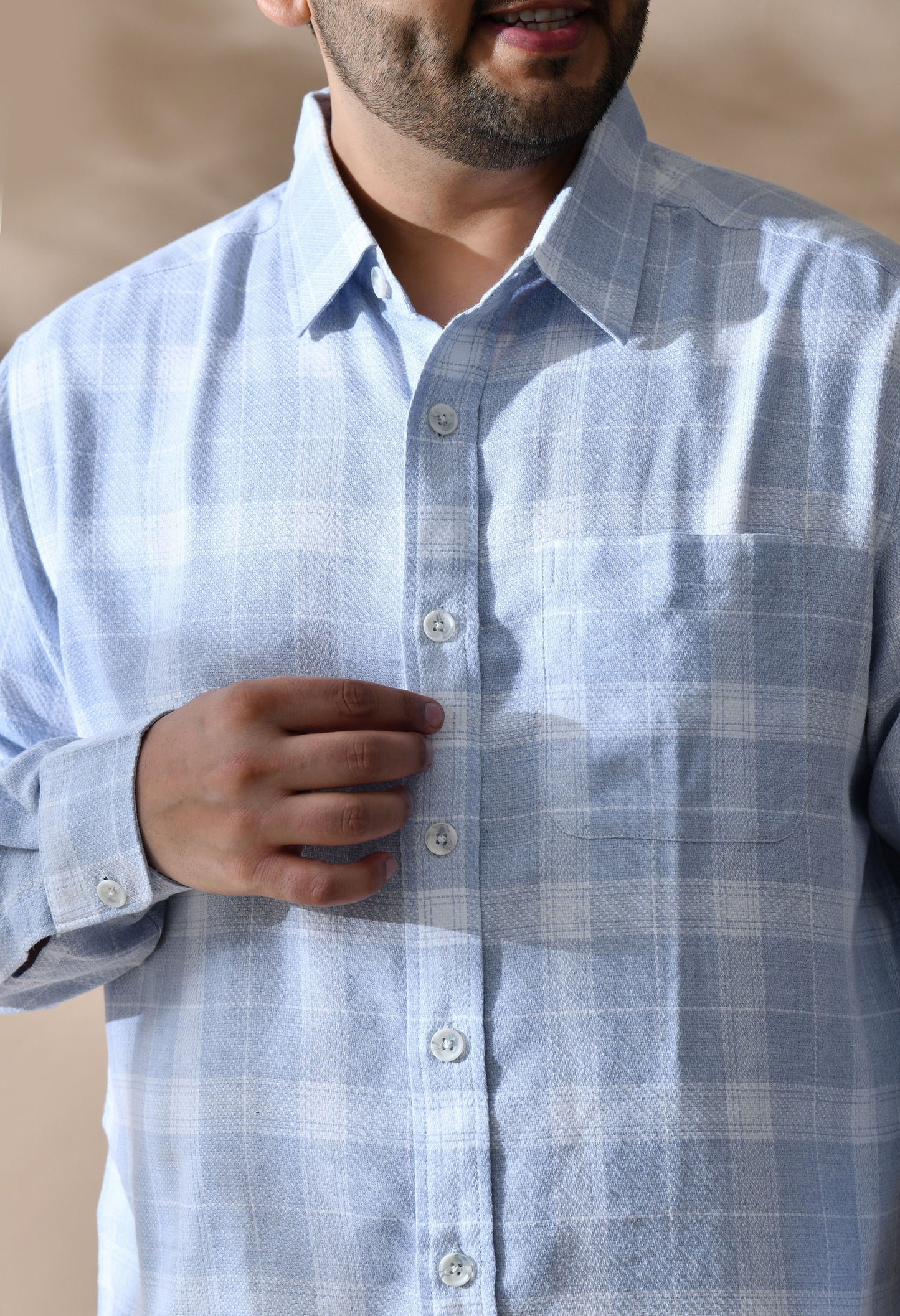 Men Cotton Light Blue and White Pestal Shade Checkered Classic Fit Pocket Smart Casual Shirt