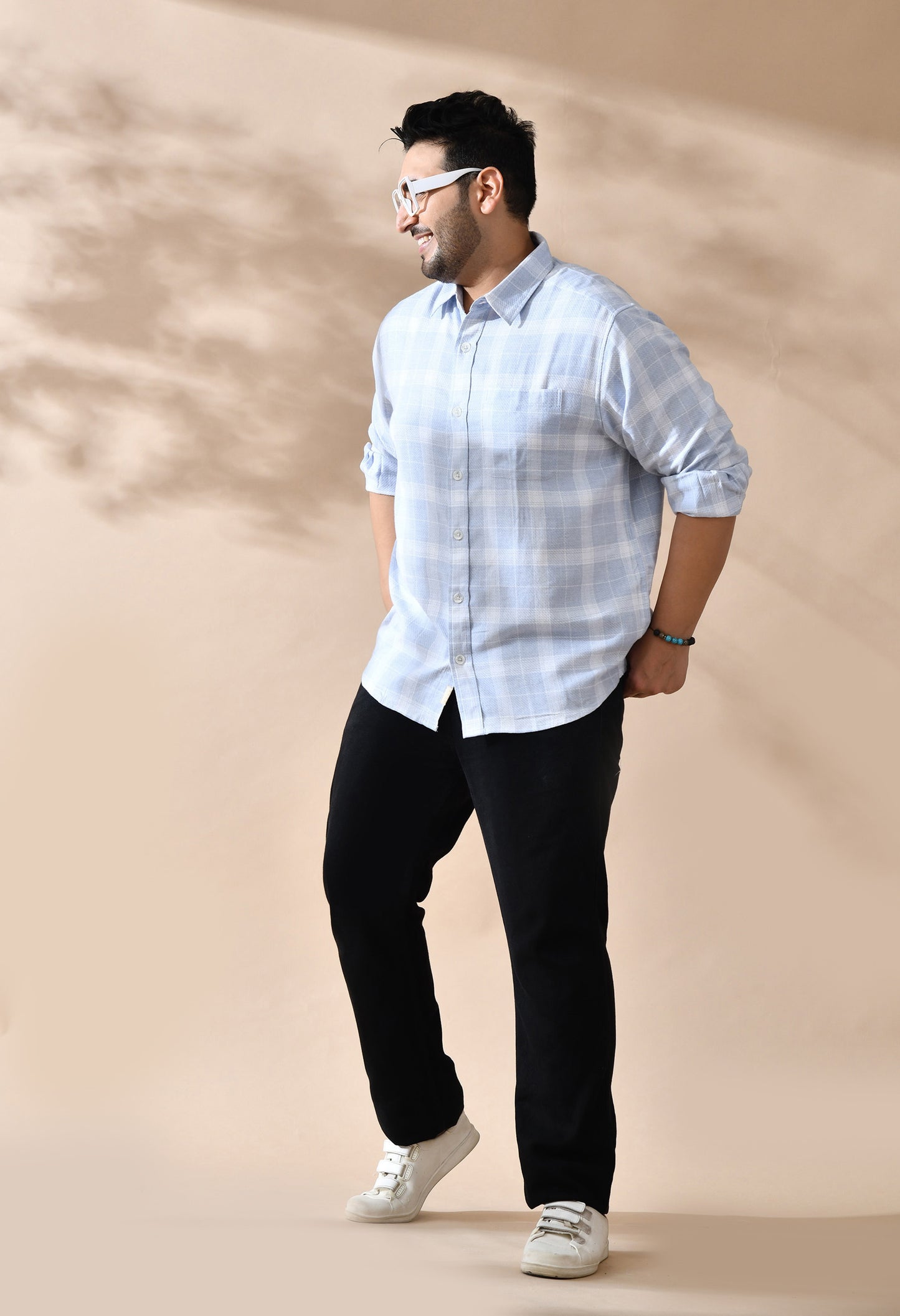 Men Cotton Light Blue and White Pestal Shade Checkered Classic Fit Pocket Smart Casual Shirt