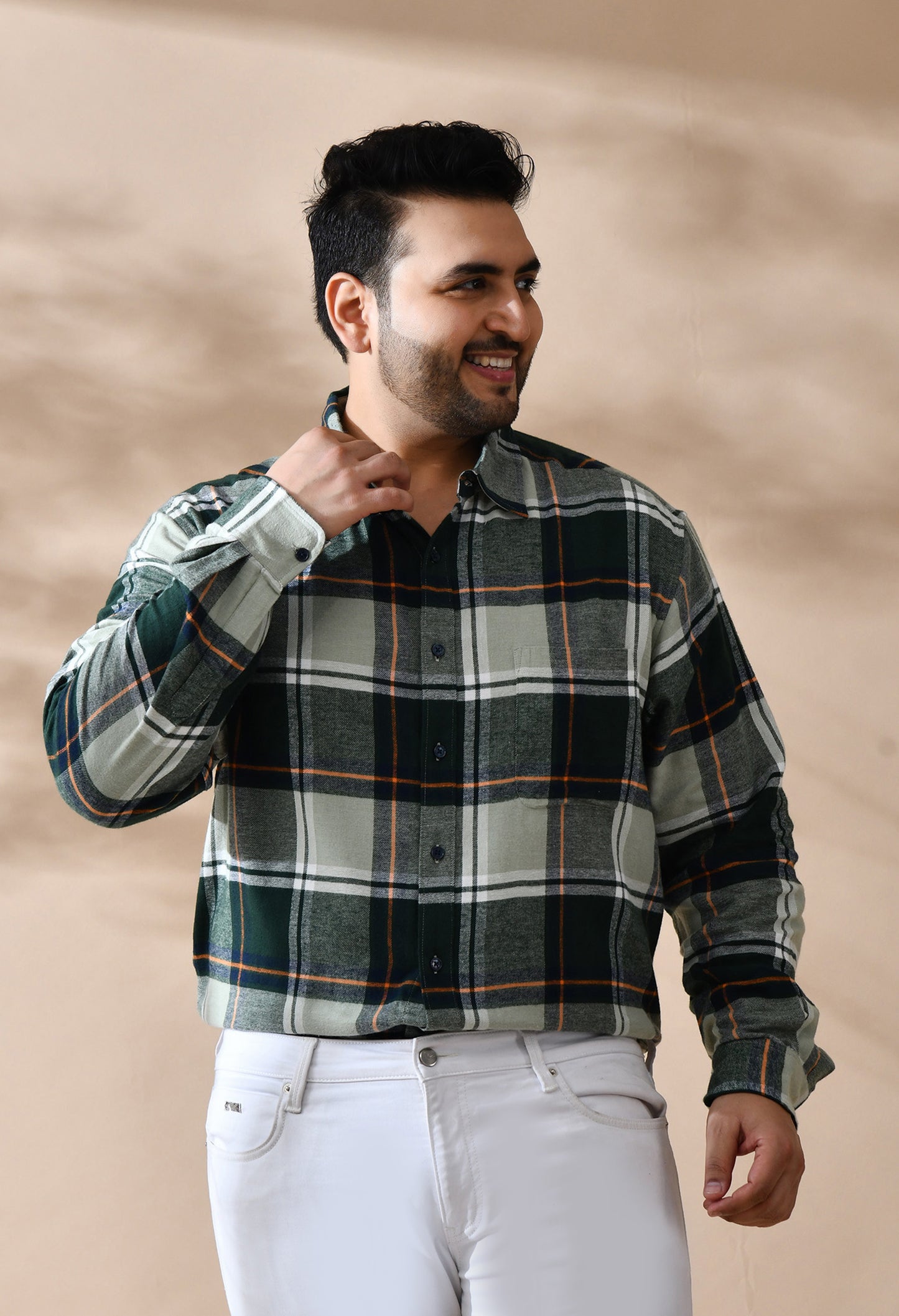 Men Brushed Flannel Olive, Yellow and White Checkered Classic Fit Pocket Smart Casual Shirt