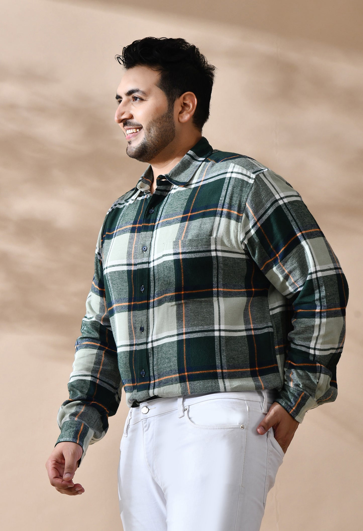 Men Brushed Flannel Olive, Yellow and White Checkered Classic Fit Pocket Smart Casual Shirt