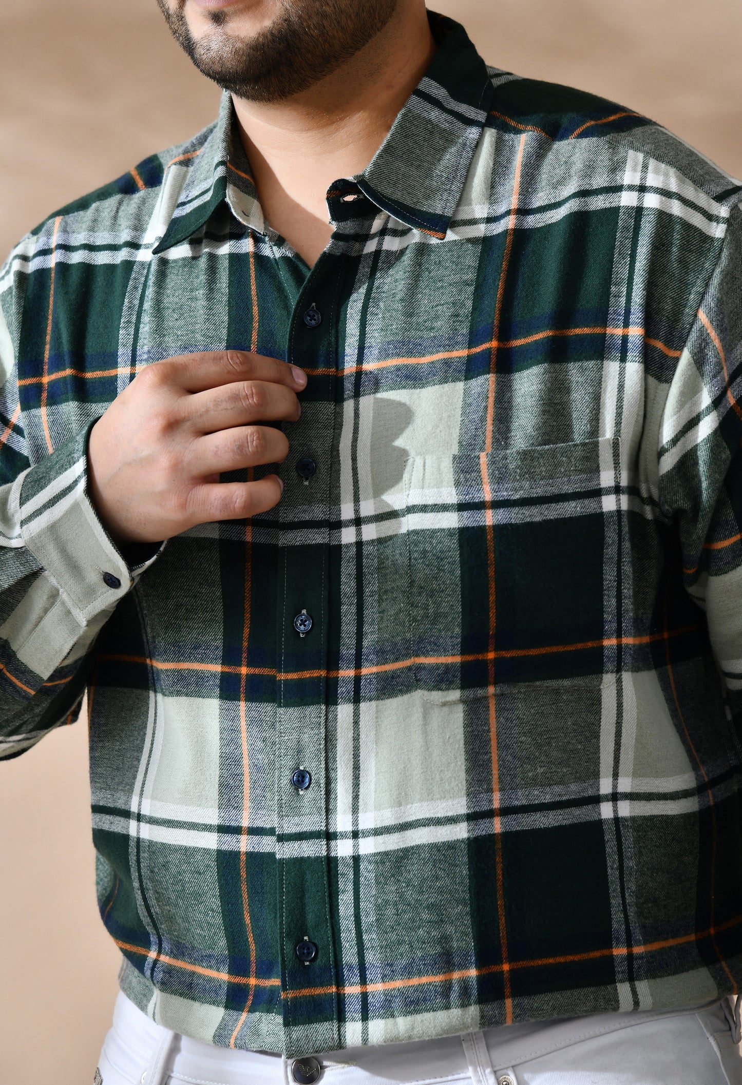 Men Brushed Flannel Olive, Yellow and White Checkered Classic Fit Pocket Smart Casual Shirt