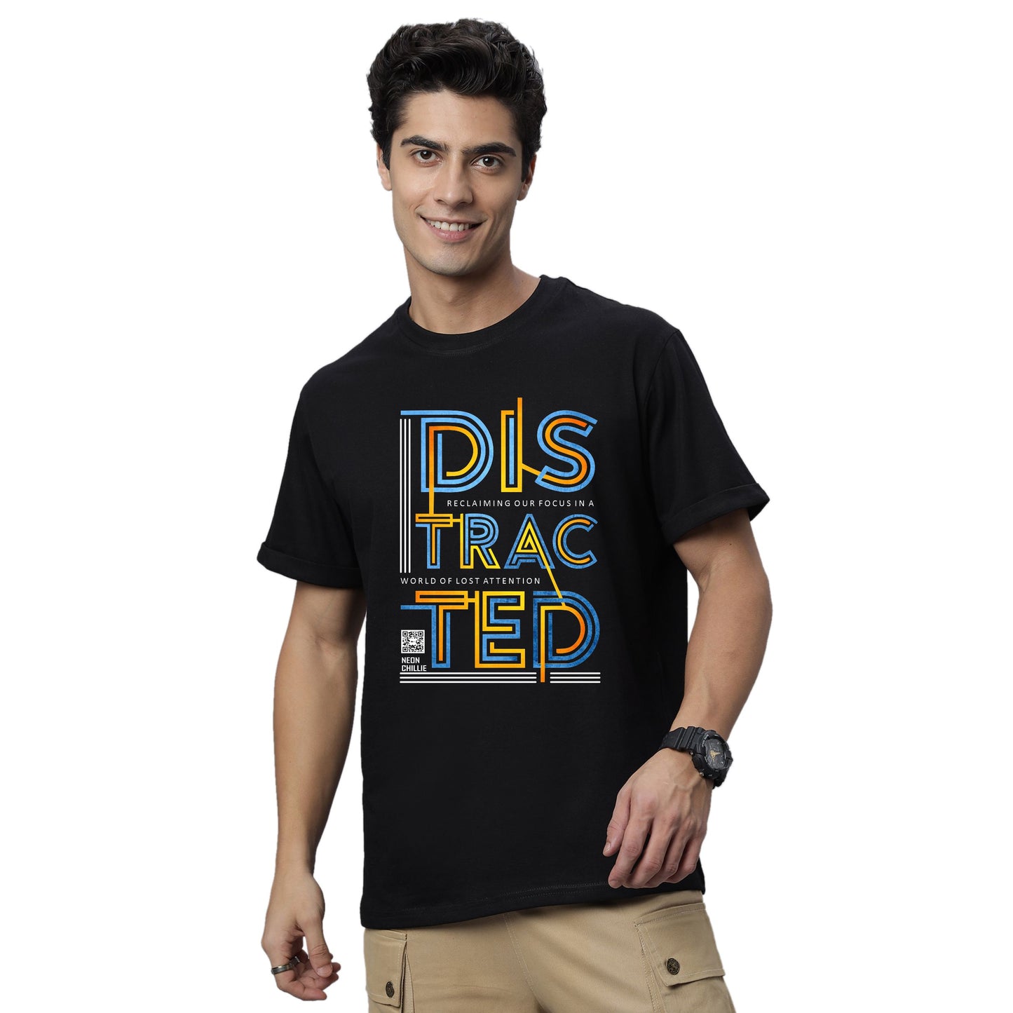 Men's Distracted Graphic Print Regular Fit Crew Neck T-Shirt