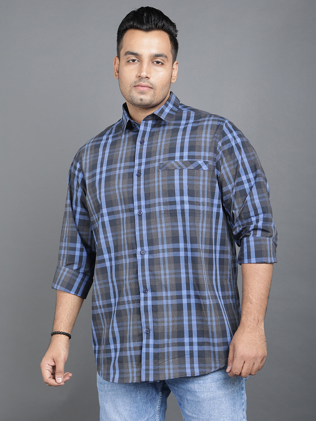 Men Grey and Blue Cotton Casual Shirt.. Style Code- NC-2k36