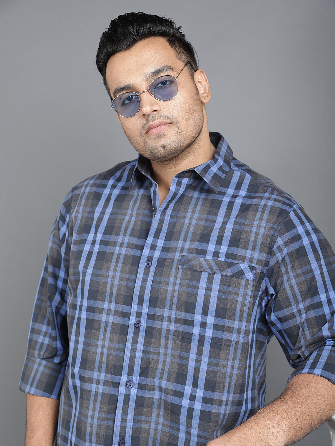 Men Grey and Blue Cotton Casual Shirt.. Style Code- NC-2k36