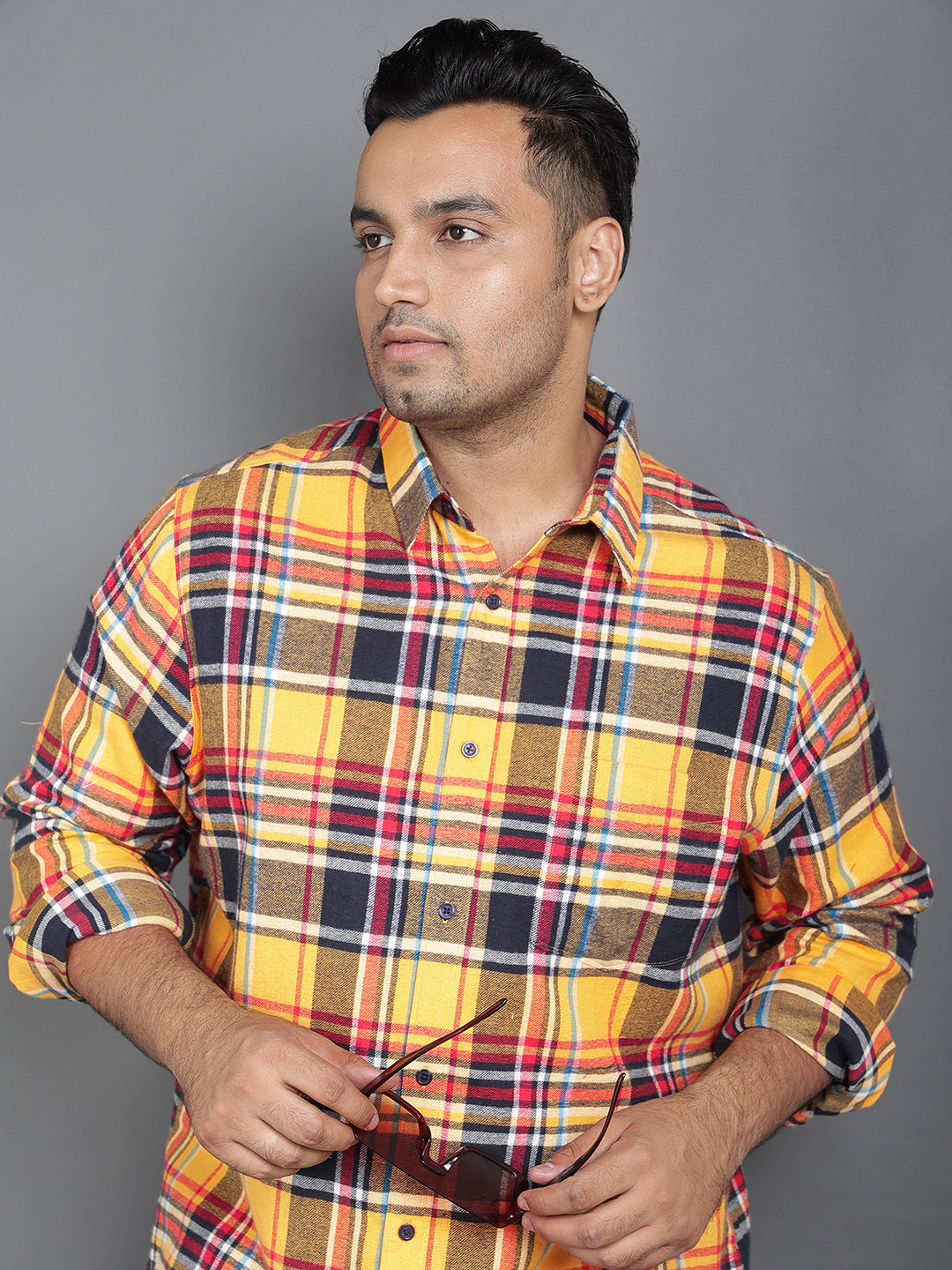 Plus Size Brushed Pure Cotton Regular Fit Checked One Pocket Smart Casual Long Sleeve Shirt NC-FS-2K51