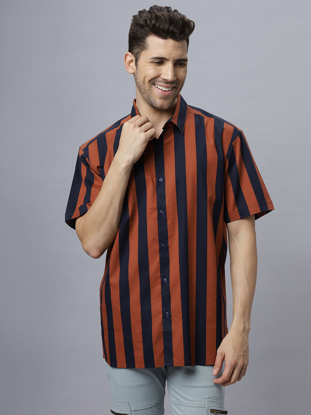 Rustic Blue stripes | Half Sleeve Regular Collar Printed Shirt ( NC-HS-512 )