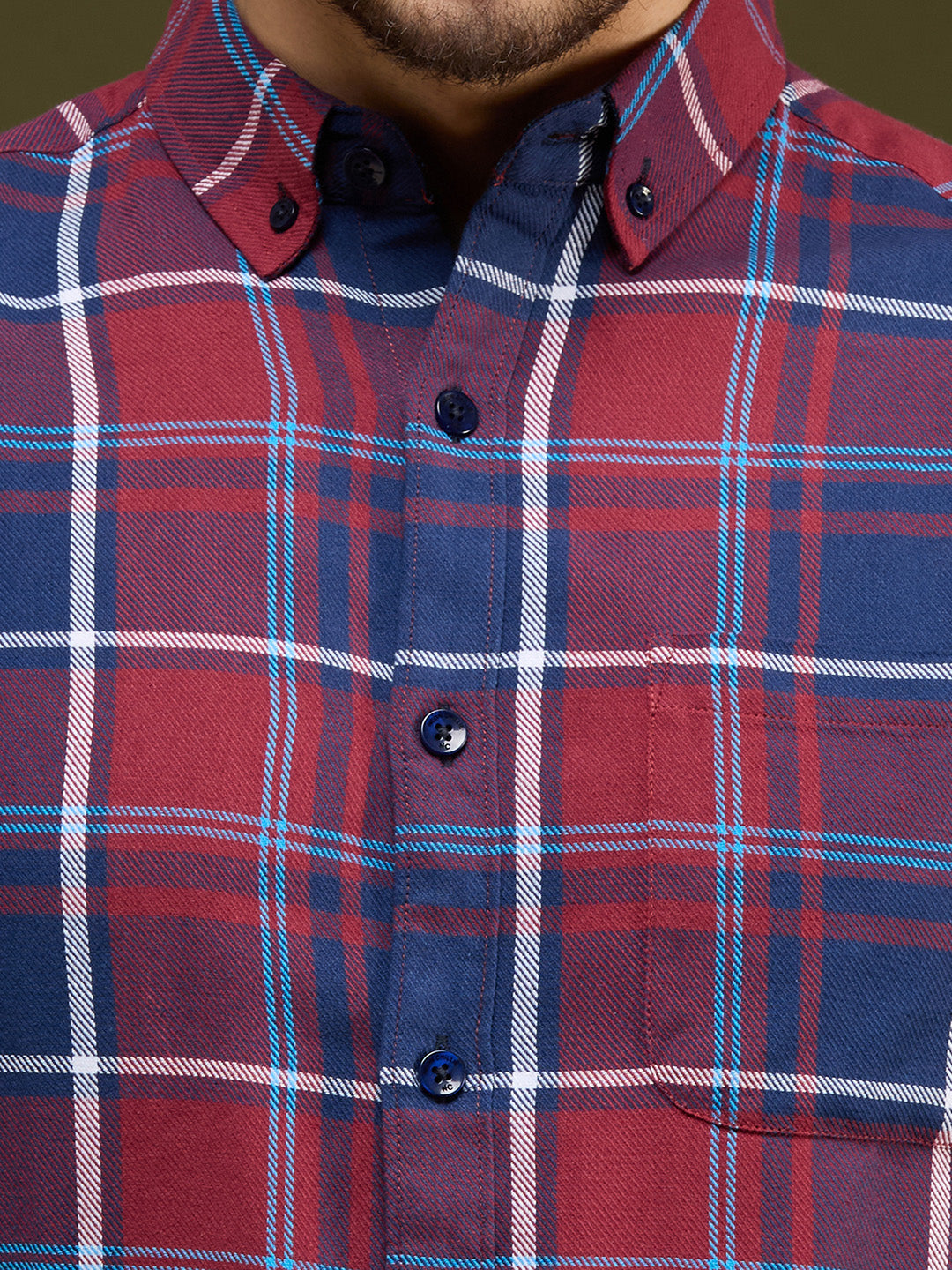Men Navy Blue 1 Pocket Checkered Long Sleeve Cotton Regular Fit Casual Shirt