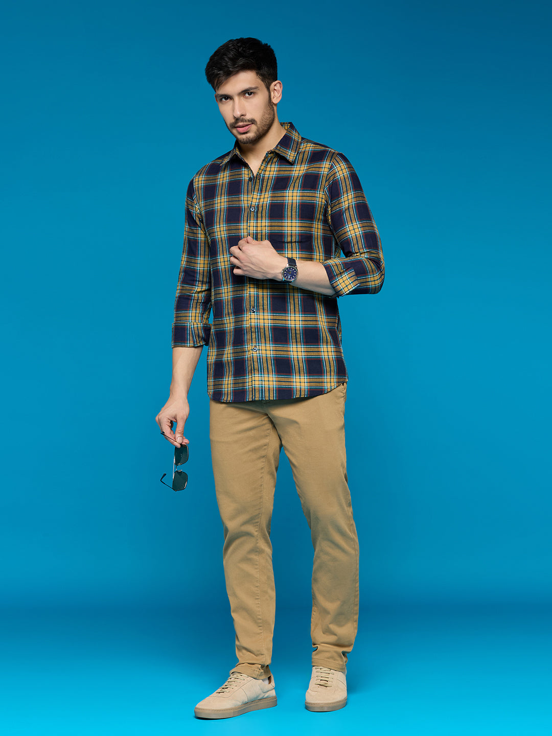 Men Yellow Navy Blue 1 Pocket Checkered Long Sleeve Cotton Regular Fit Casual Shirt