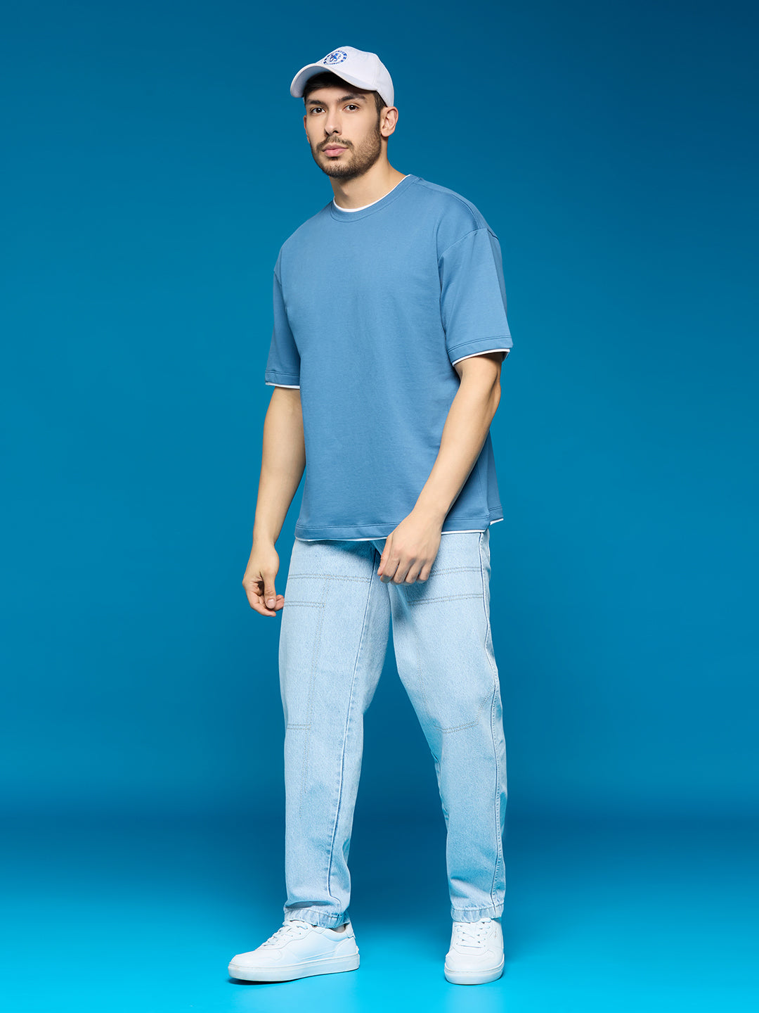 Men Light Blue Oversize Loose Fit Short Sleeve Cotton Loop Knit T Shirt - Style Code- OS-102-BLUE