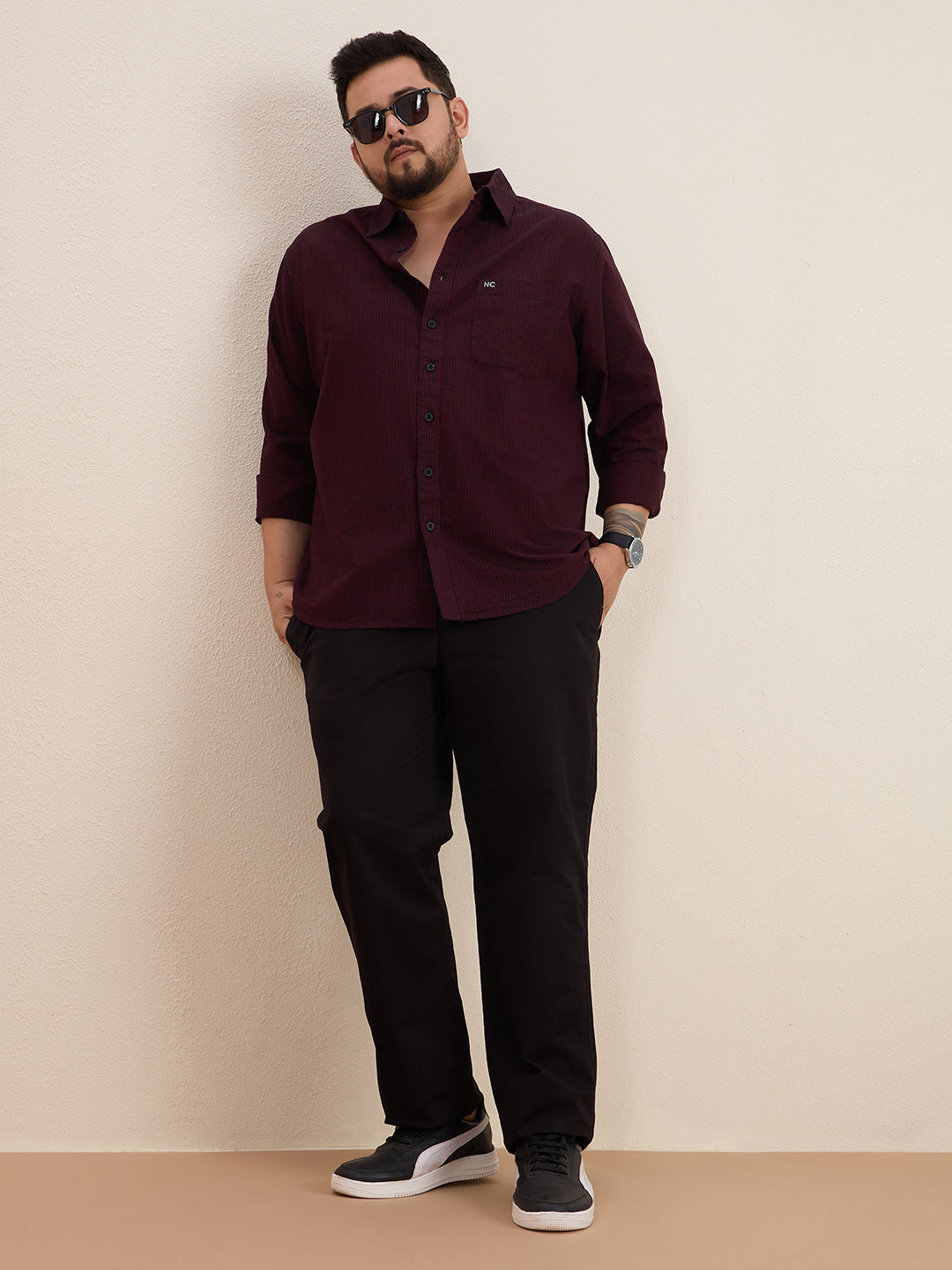 Plus Size Cotton Stripes Shirt 1 Pocket Regular Fit Smart Casual Shirt, Style-1270-Maroon