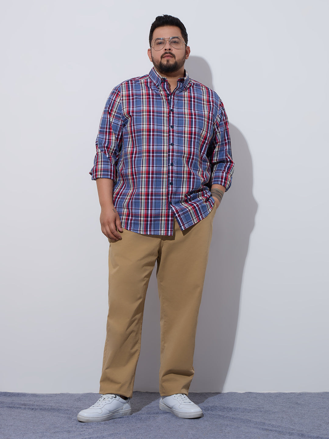 Plus Size Cotton Checks Shirt 1 Pocket Regular Fit Smart Casual Shirt, Style- Plus-1263-Red