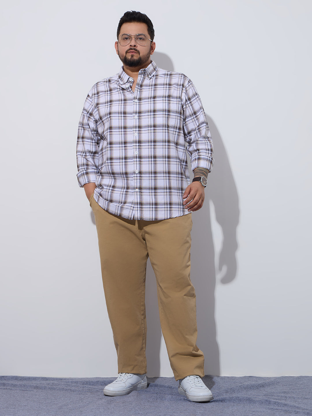 Plus Size Cotton Checks Shirt 1 Pocket Regular Fit Smart Casual Shirt, Style- Plus-1265-white