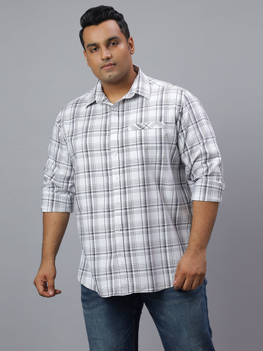Men White and Blue  Checkered Long Sleeve Cotton Plus Size Casual Shirt