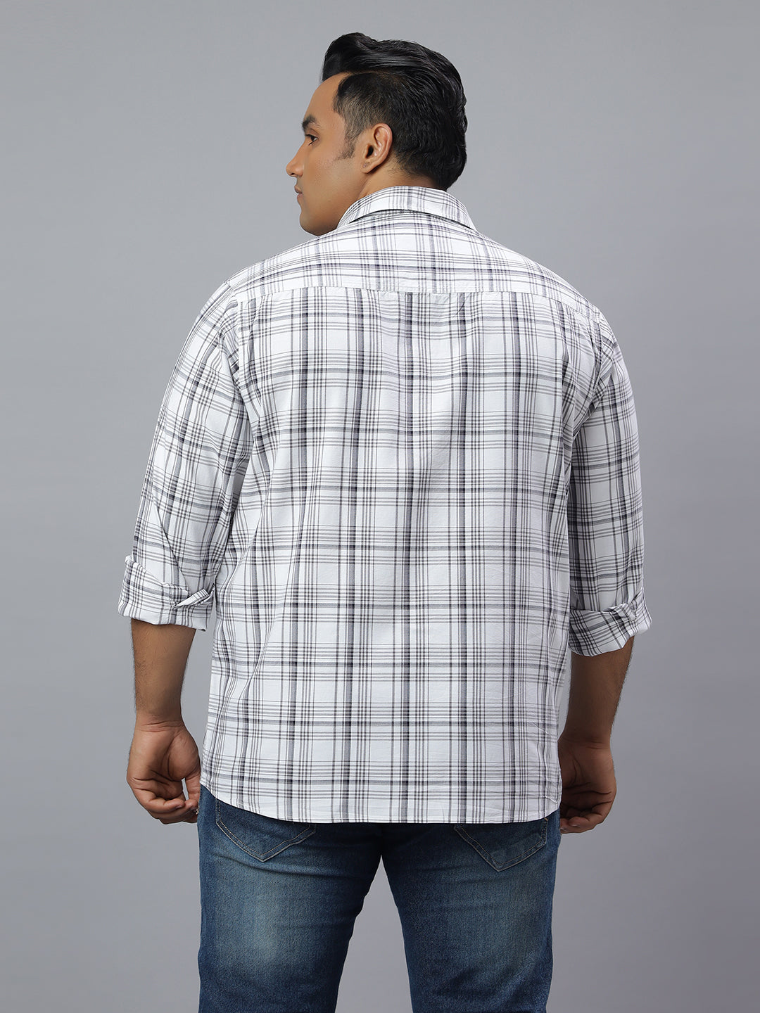 Men White and Blue  Checkered Long Sleeve Cotton Plus Size Casual Shirt