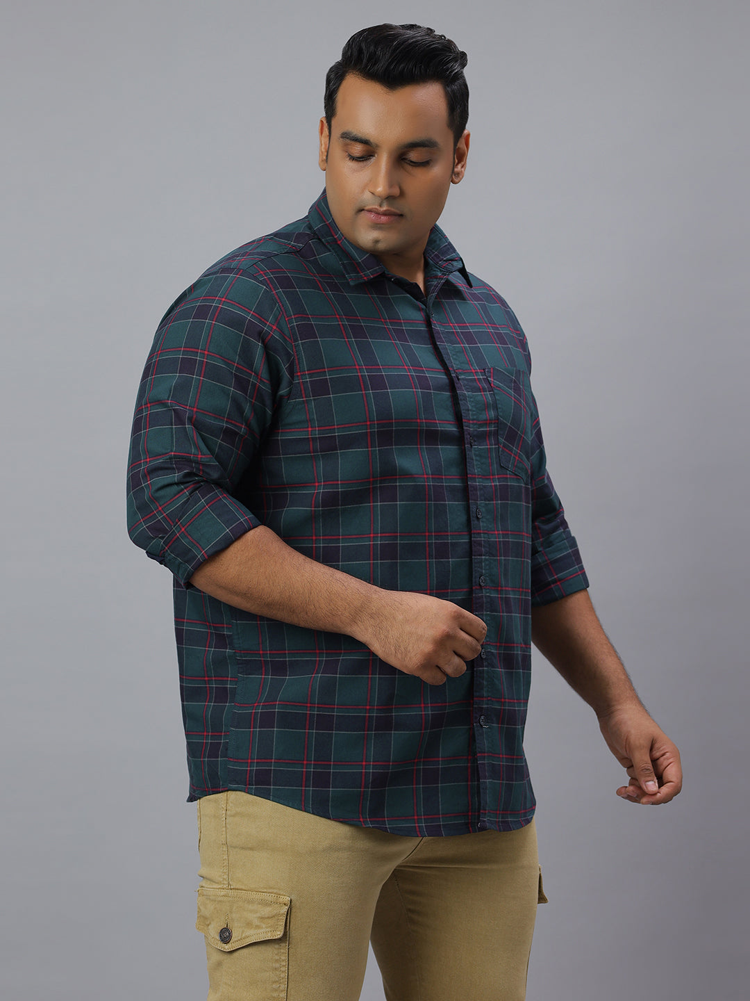 Men Black Maroon Checkered Long Sleeve Cotton Plus Size Casual Shirt