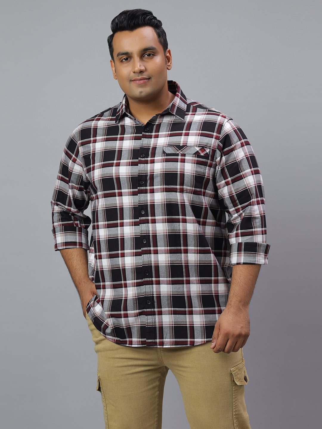 Men Black White 1 Pocket Checkered Long Sleeve Cotton Plus Size Casual Shirt