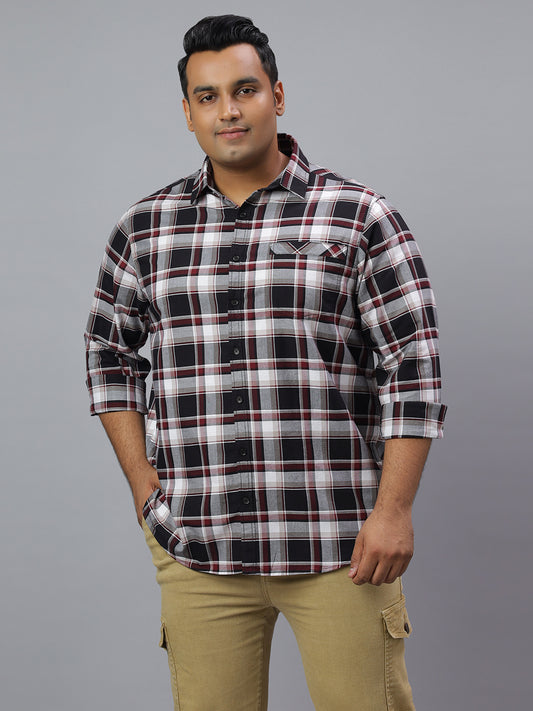 Men Black White 1 Pocket Checkered Long Sleeve Cotton Plus Size Casual Shirt