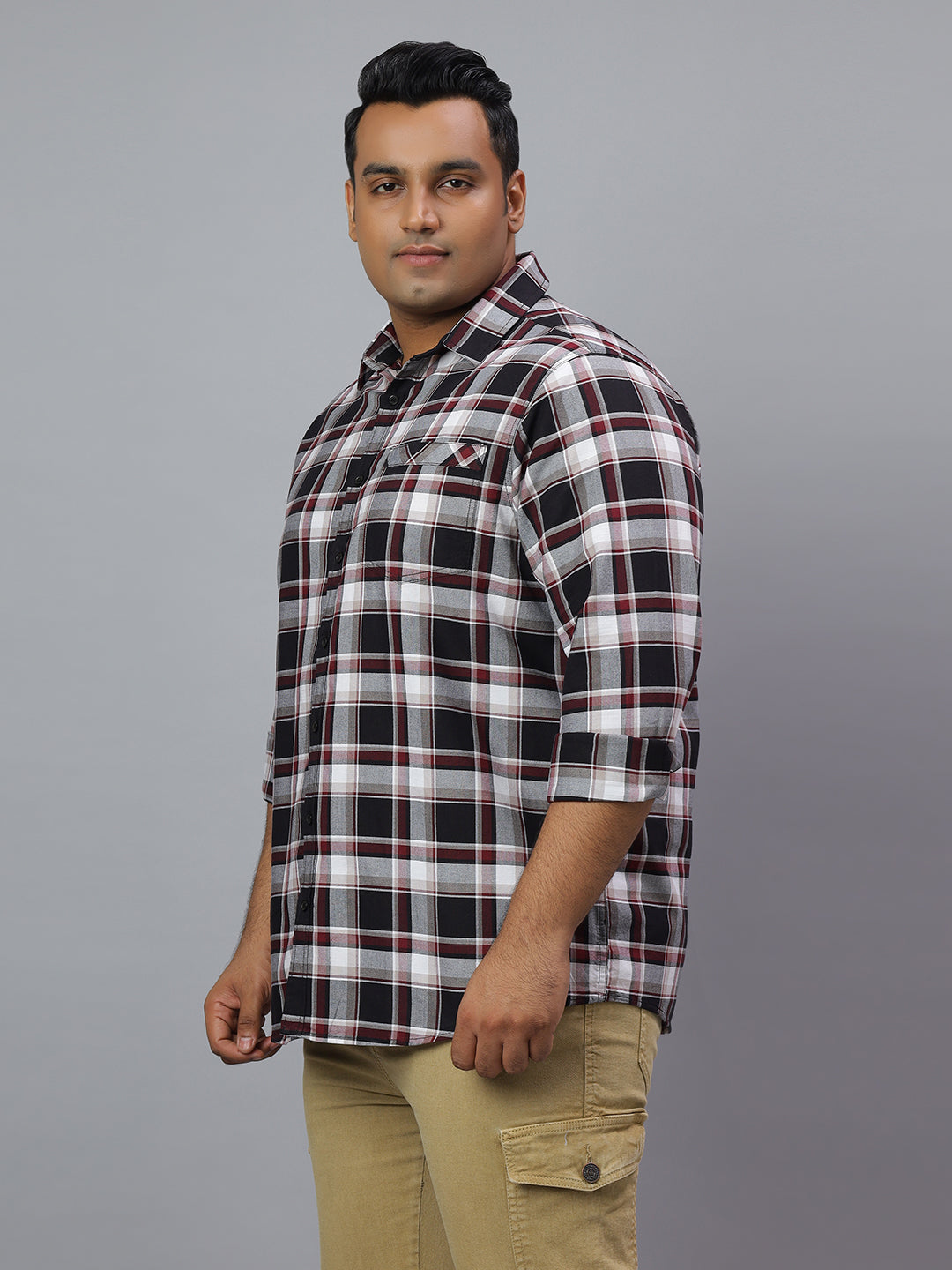 Men Black White 1 Pocket Checkered Long Sleeve Cotton Plus Size Casual Shirt
