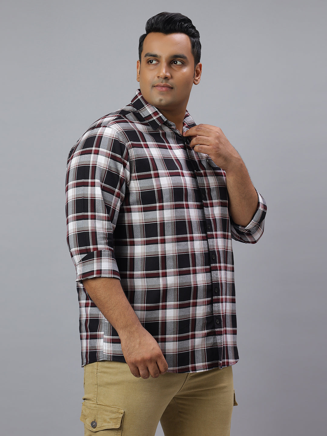 Men Black White 1 Pocket Checkered Long Sleeve Cotton Plus Size Casual Shirt