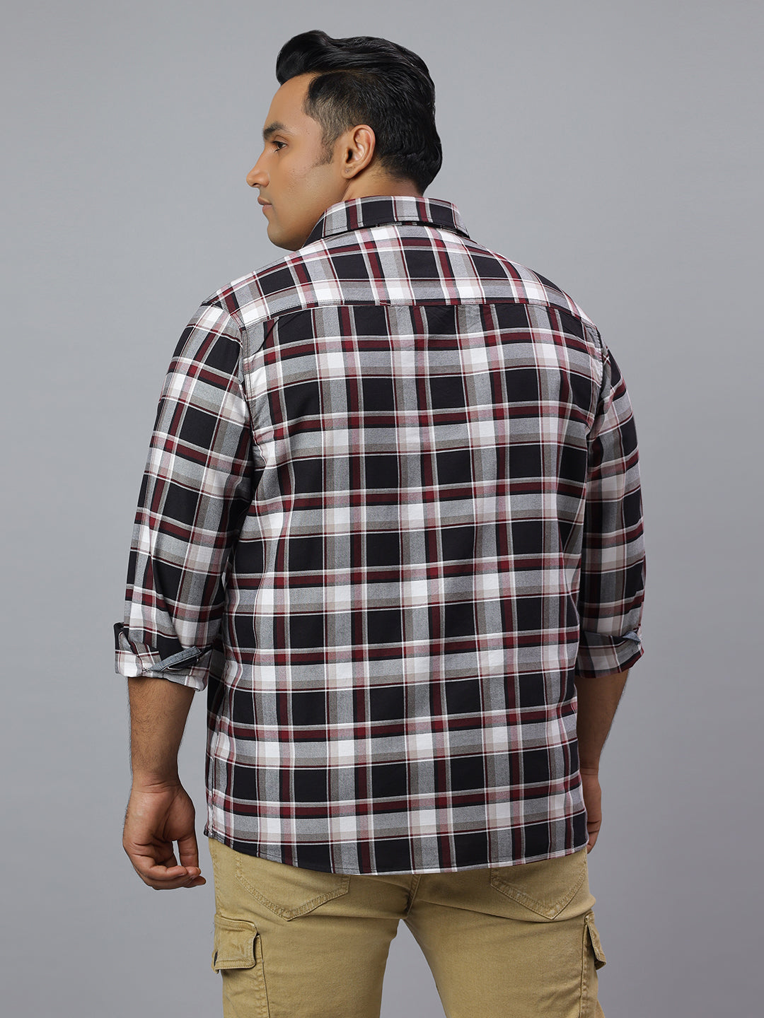 Men Black White 1 Pocket Checkered Long Sleeve Cotton Plus Size Casual Shirt