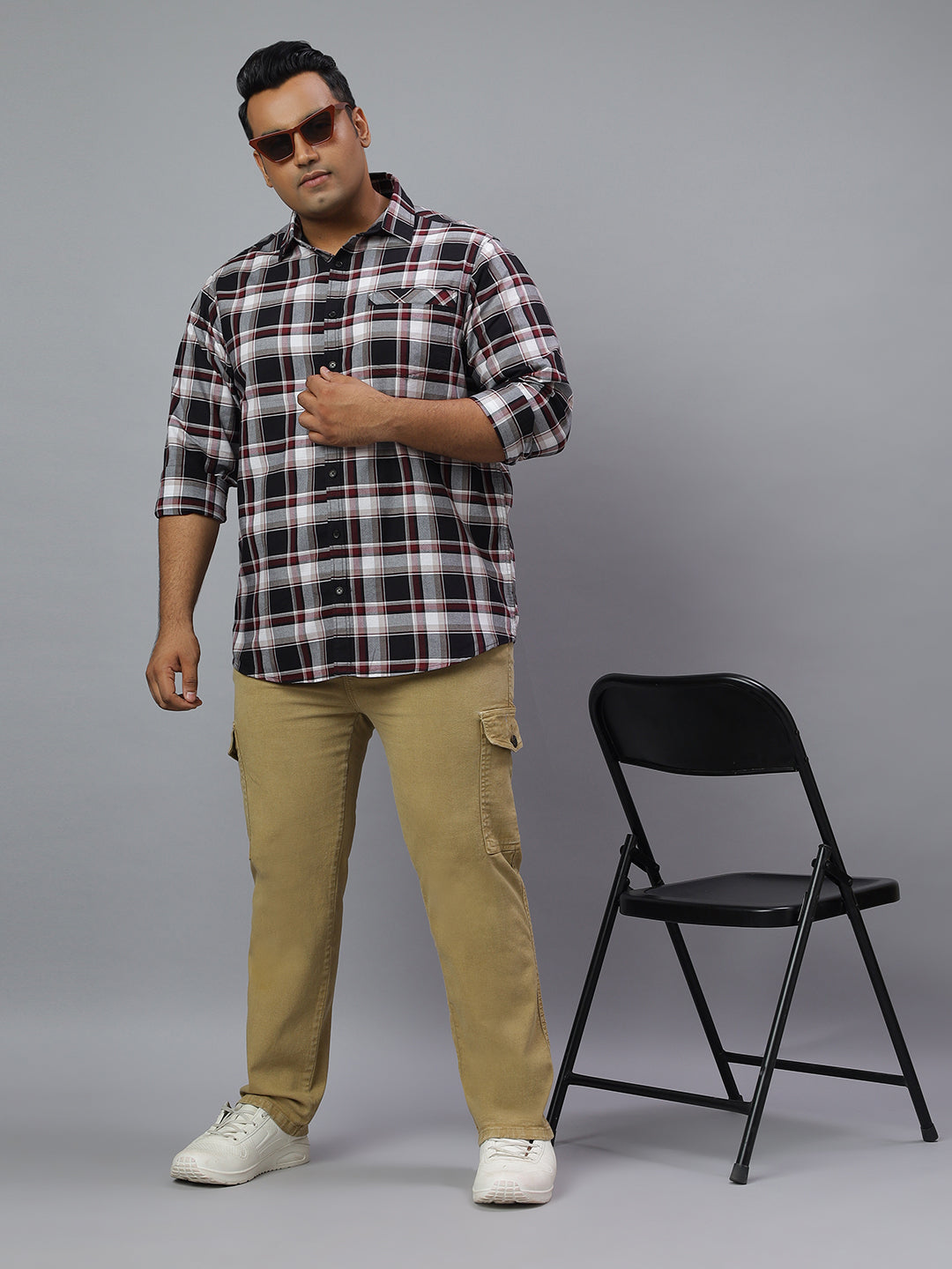 Men Black White 1 Pocket Checkered Long Sleeve Cotton Plus Size Casual Shirt