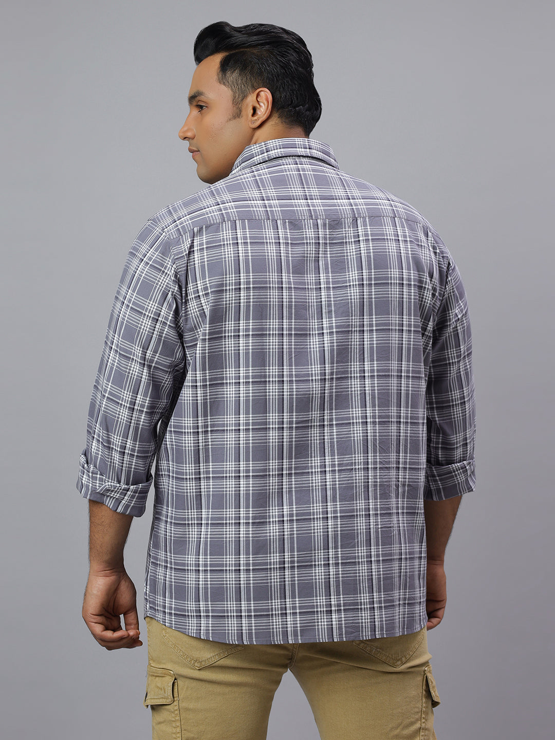 Men Grey and White Checkered Long Sleeve Cotton Plus Size Casual Shirt