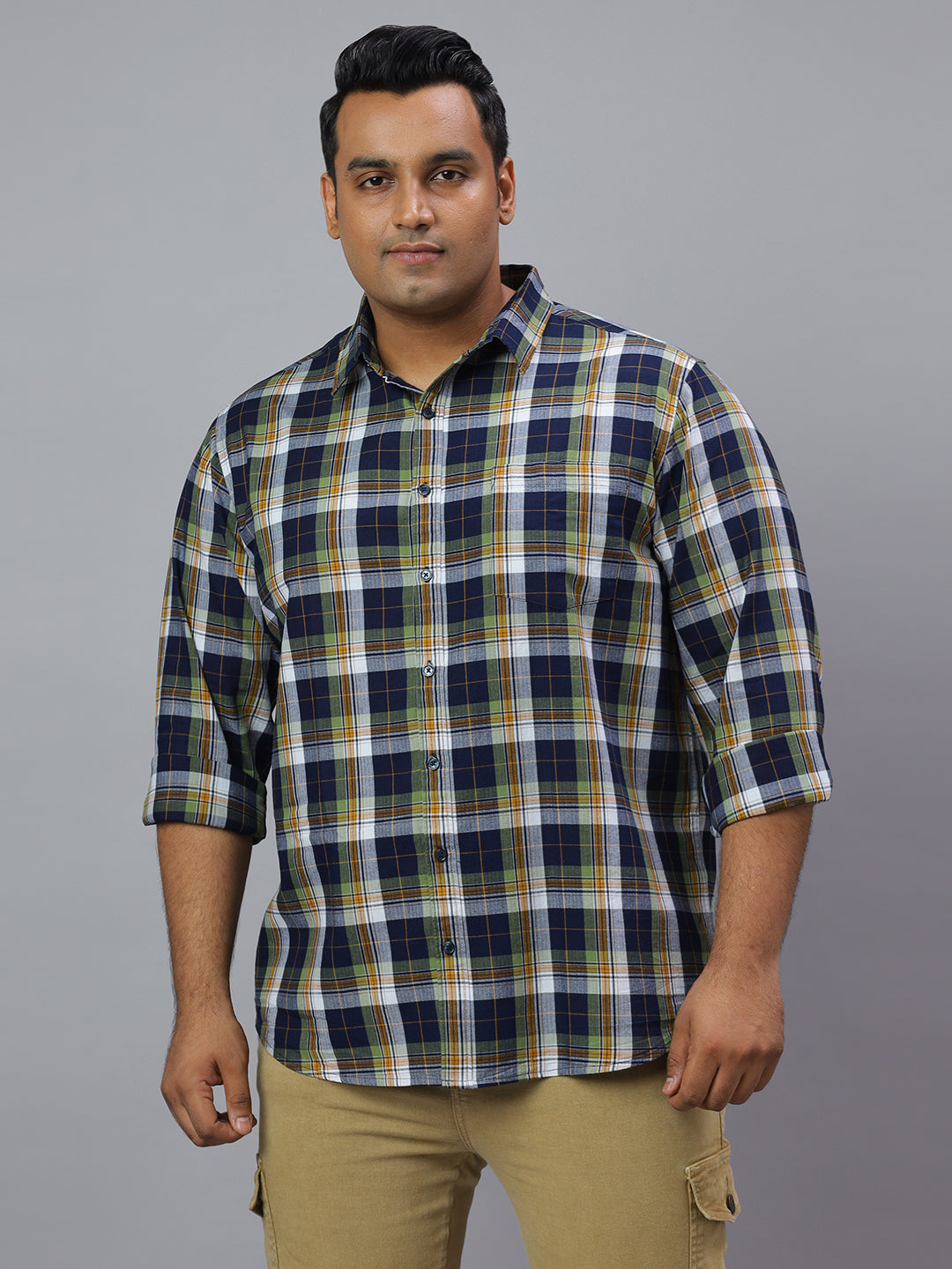 Men Blue  and Green Checkered Long Sleeve Cotton Plus Size Casual Shirt