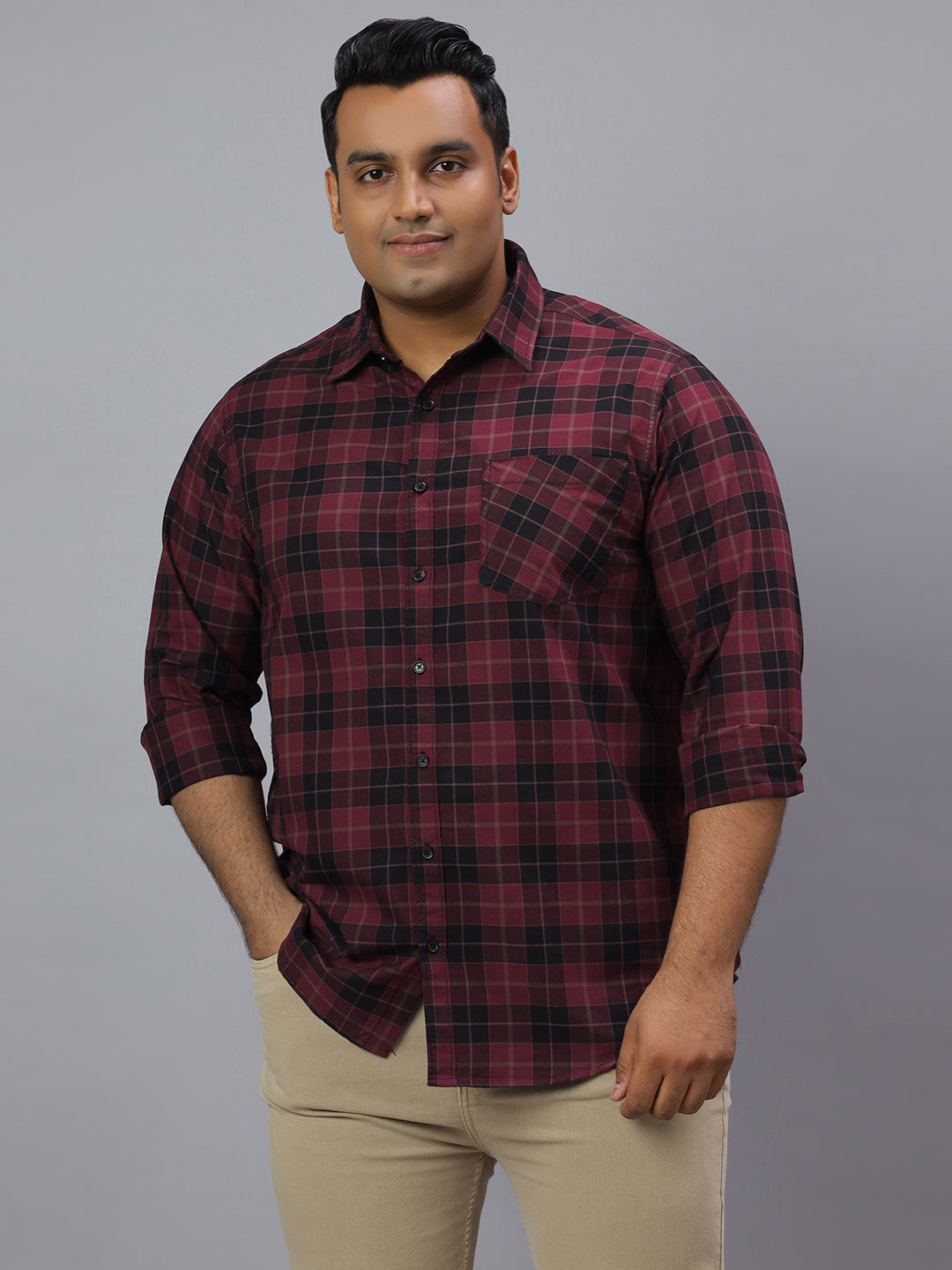 Men Black Wine 1 Pocket Checkered Long Sleeve Cotton Plus Size Casual Shirt