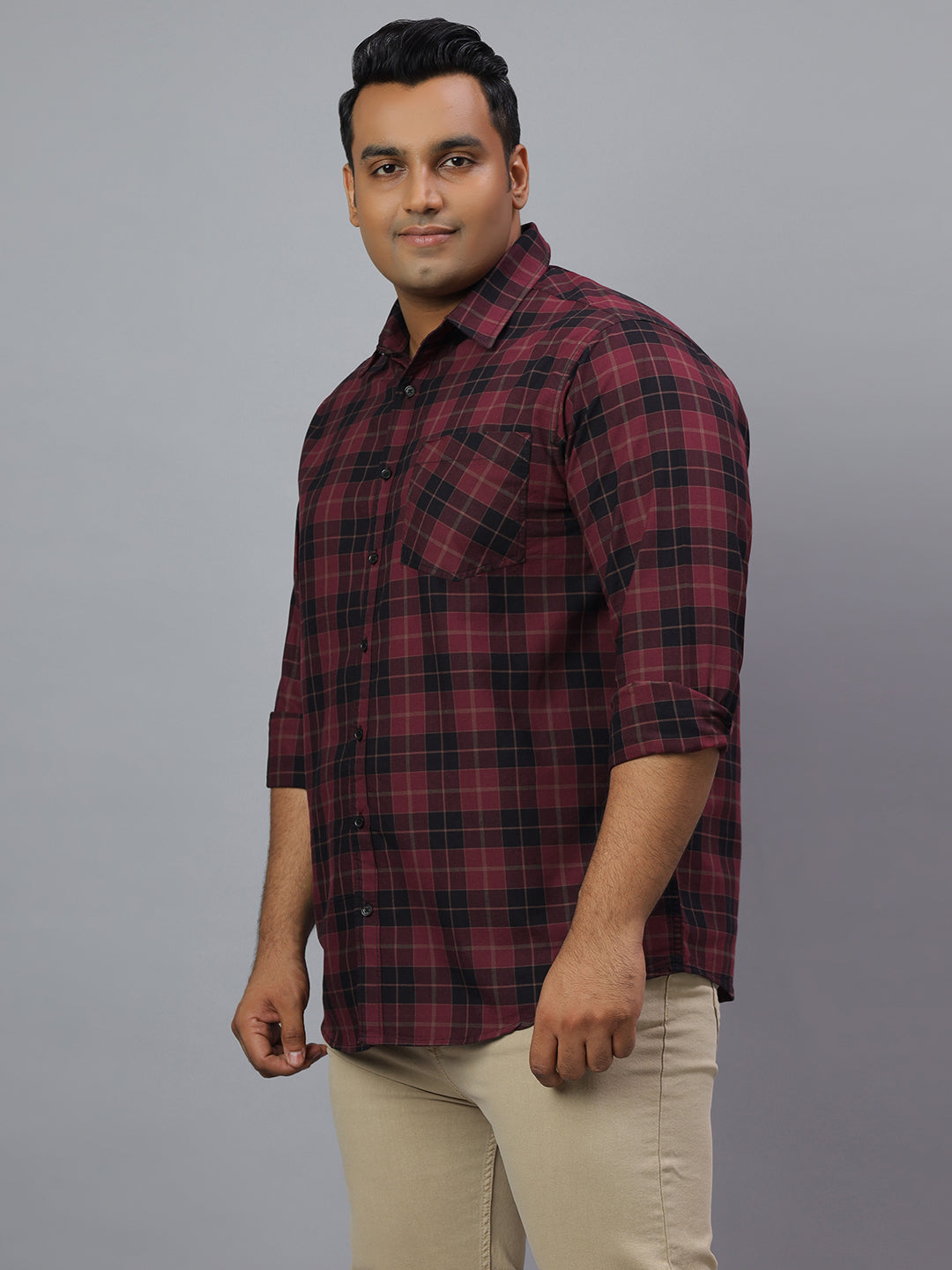 Men Black Wine 1 Pocket Checkered Long Sleeve Cotton Plus Size Casual Shirt