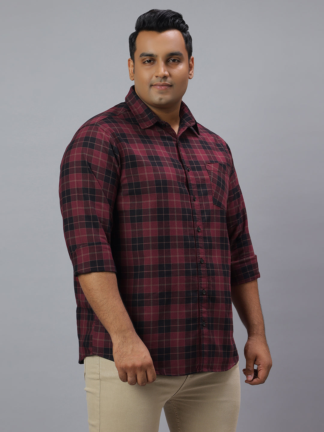 Men Black Wine 1 Pocket Checkered Long Sleeve Cotton Plus Size Casual Shirt