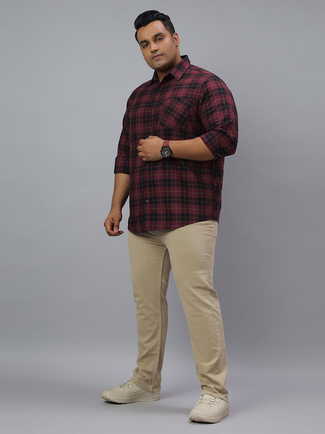 Men Black Wine 1 Pocket Checkered Long Sleeve Cotton Plus Size Casual Shirt
