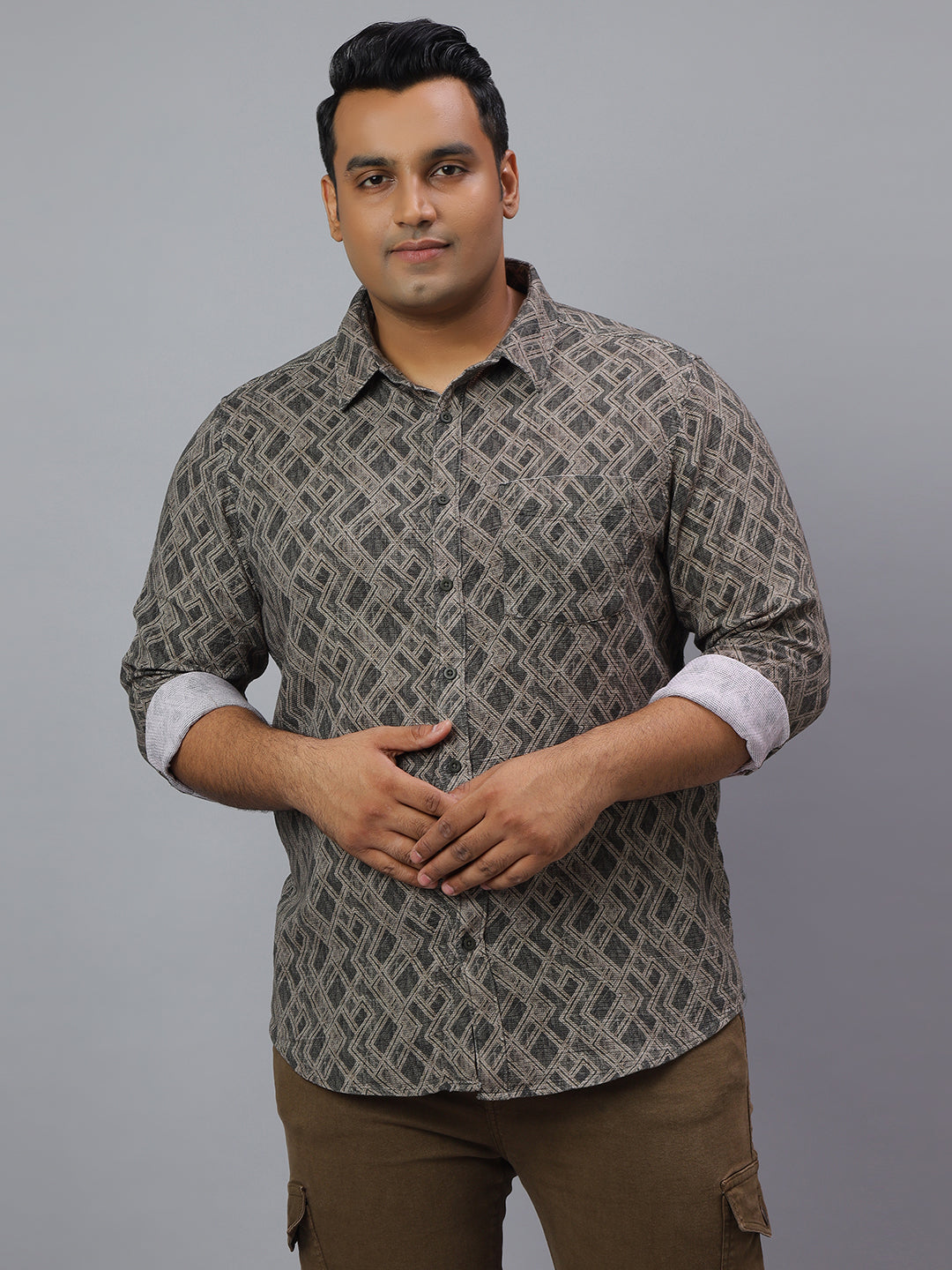 Men Olive Printed Long Sleeve Cotton Plus Size Casual Shirt