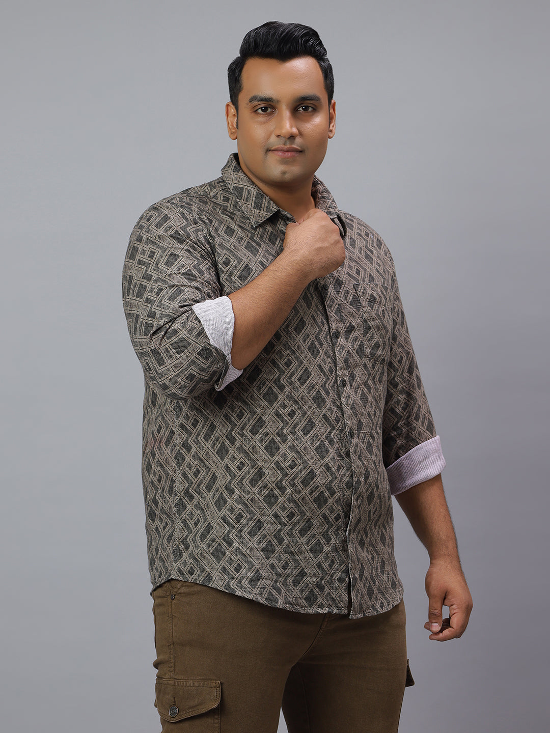 Men Olive Printed Long Sleeve Cotton Plus Size Casual Shirt