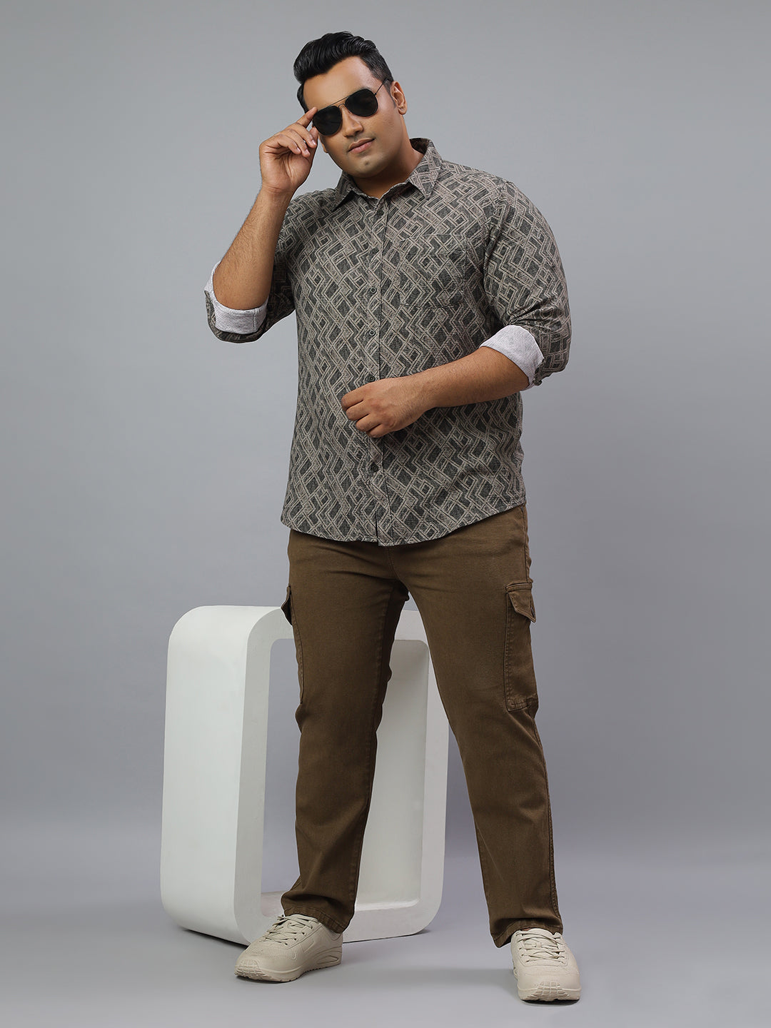 Men Olive Printed Long Sleeve Cotton Plus Size Casual Shirt